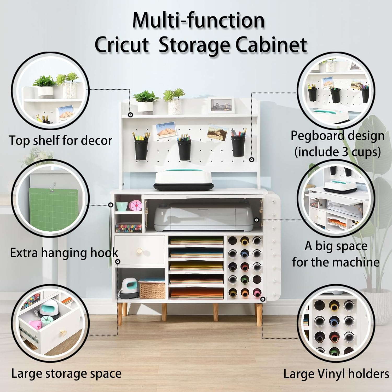 Craft Organization and Storage Cabinet Compatible with Cricut Machines, Craft Table with Storage for Adults, Crafting Desk with Power Outlet,Pegboard, Vinyl Holders