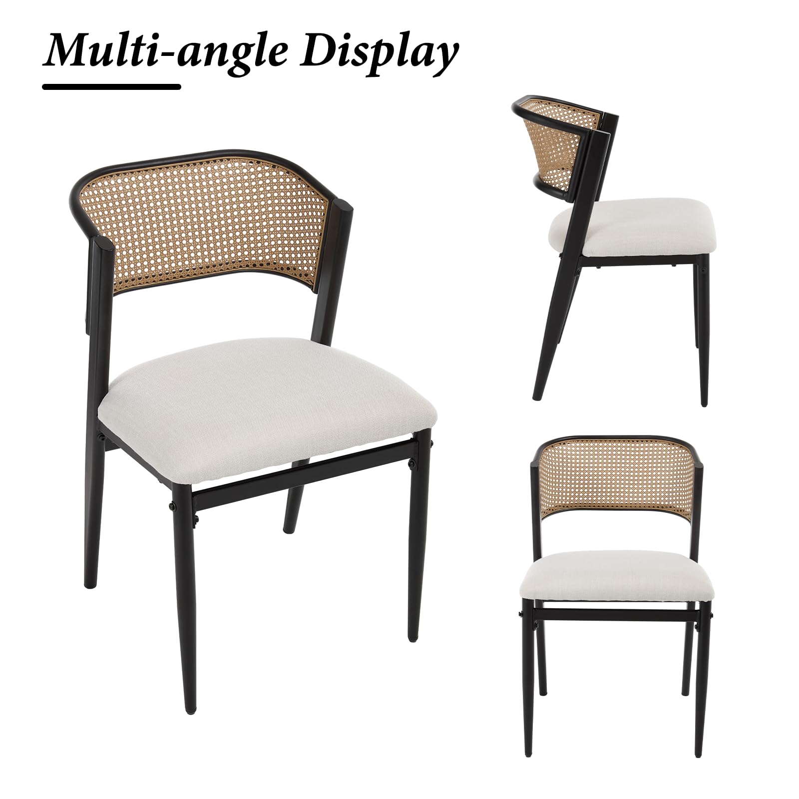 chairus Juego de 2 Sillas de Comedor de Madera Sillas de Cocina con Respaldo de Ratán, Silla Moderna con Asiento de Lino para Mesa/Restaurante, Negro