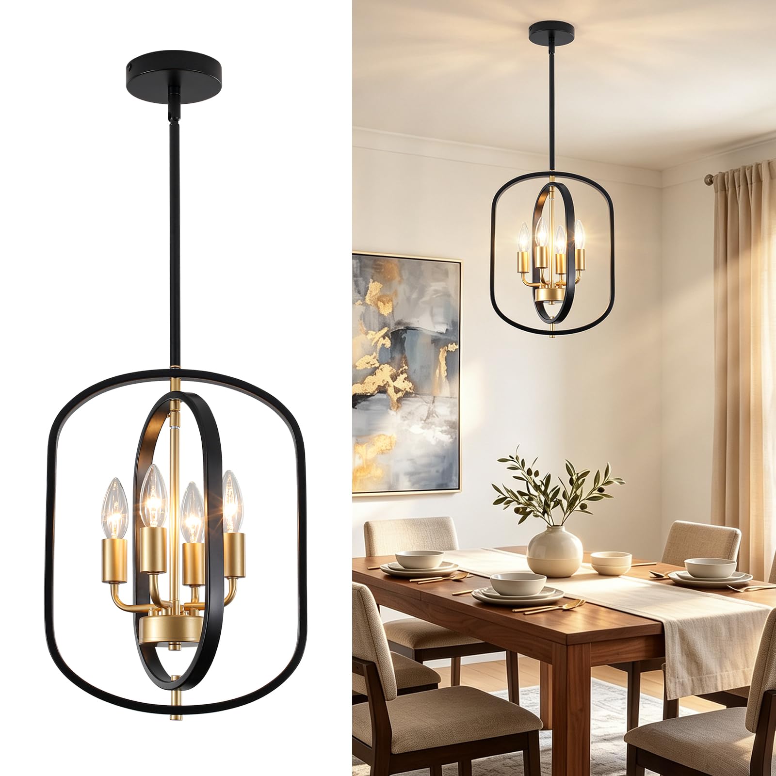 4-Light Black Gold Chandelier for Living Room, Metal Shade, Modern, E14