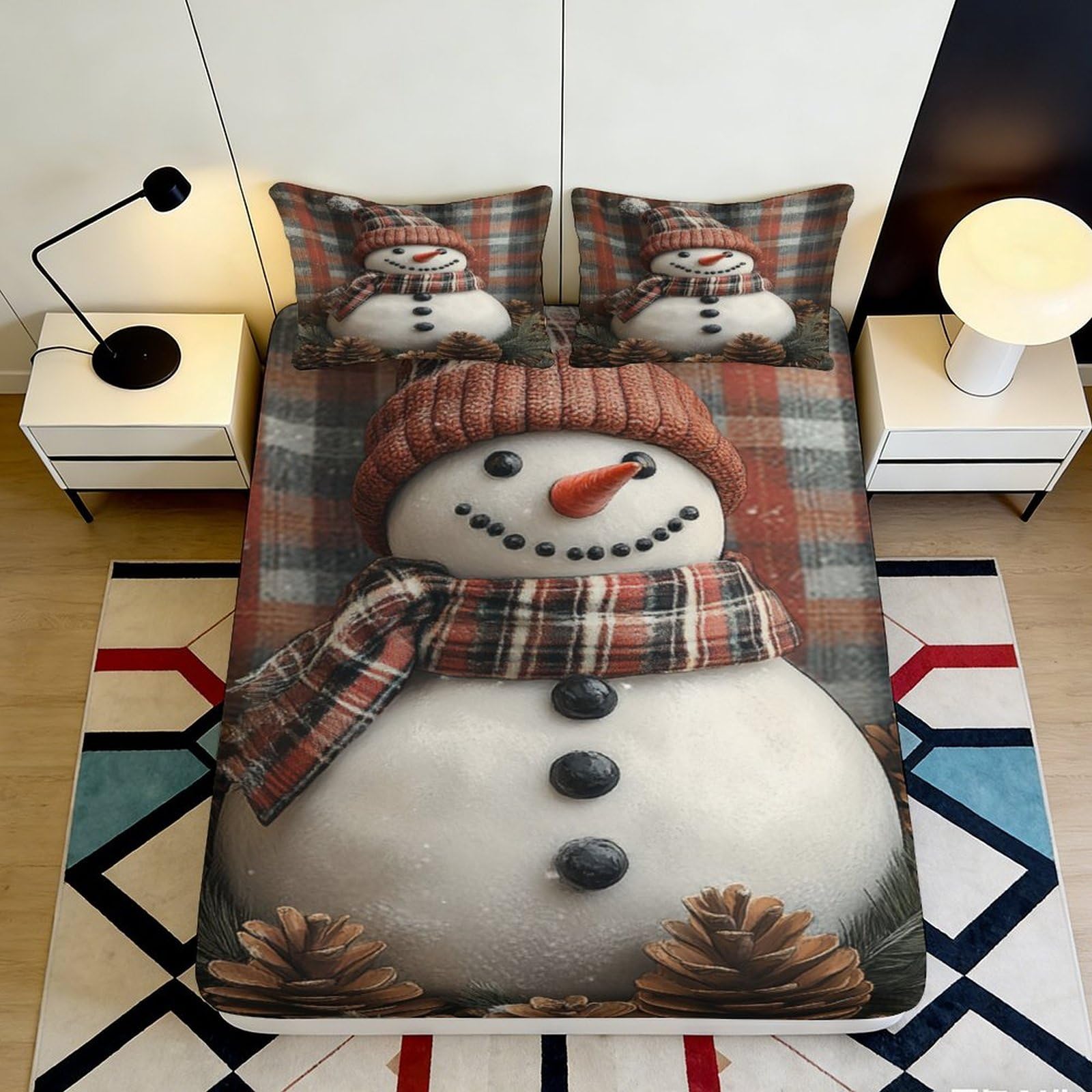 3D Printed Snowman Plaid Fitted Sheet Microfiber Soft Bed Cover Winter Pinecone Design Mattress Protector for Bedroom Guest Room 140x200x25cm