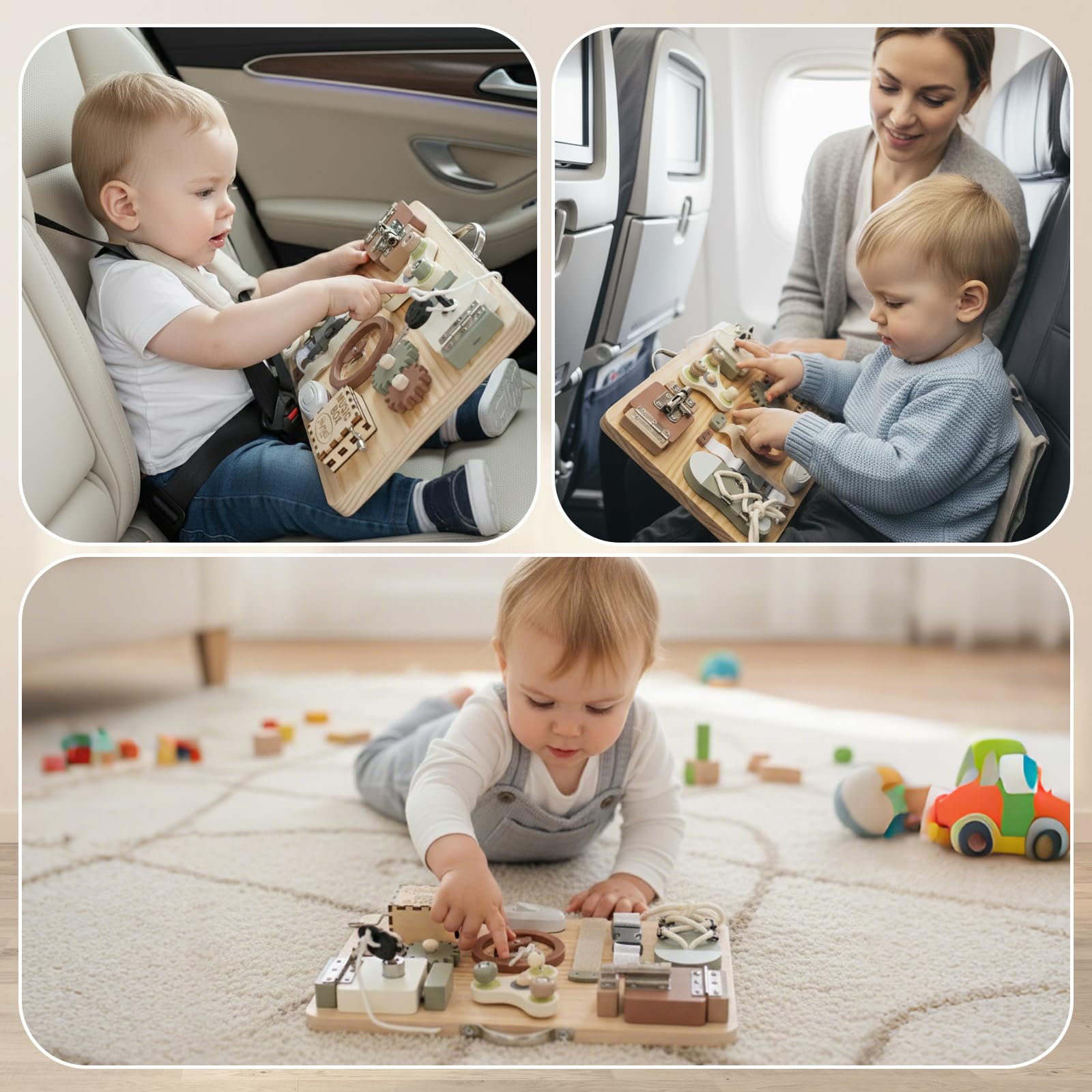 Joyreal Busy Board Montessori - Pannello Sensoriale Bambini Montessori Legno Giochi Montessori Tavola Sensoriali con Carillon Specchio Neonati Regali Bambina Bambino