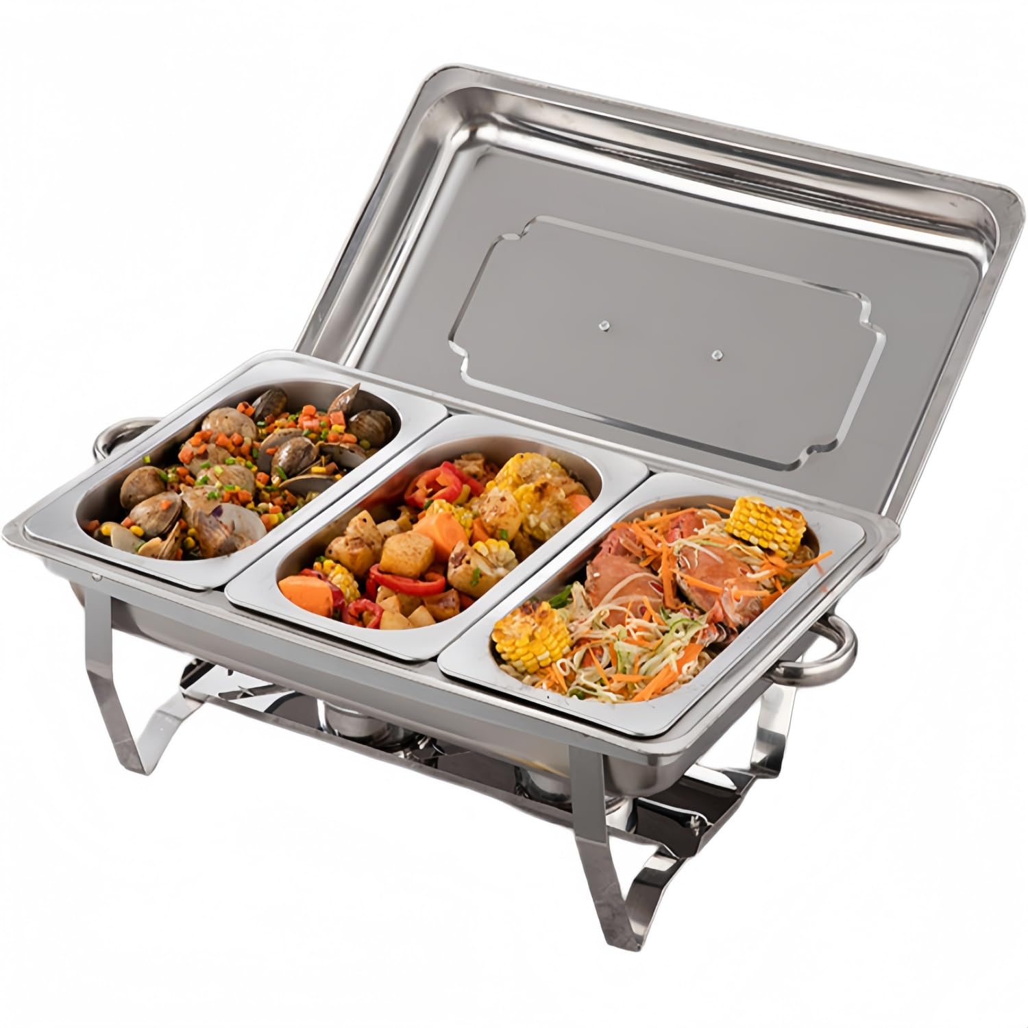 Set di Portavivande in Acciaio Inossidabile, Scaldavivande da 9L a 3 Scomparti con Coperchio e Manici, per Buffet, Catering, Matrimoni e Banchetti