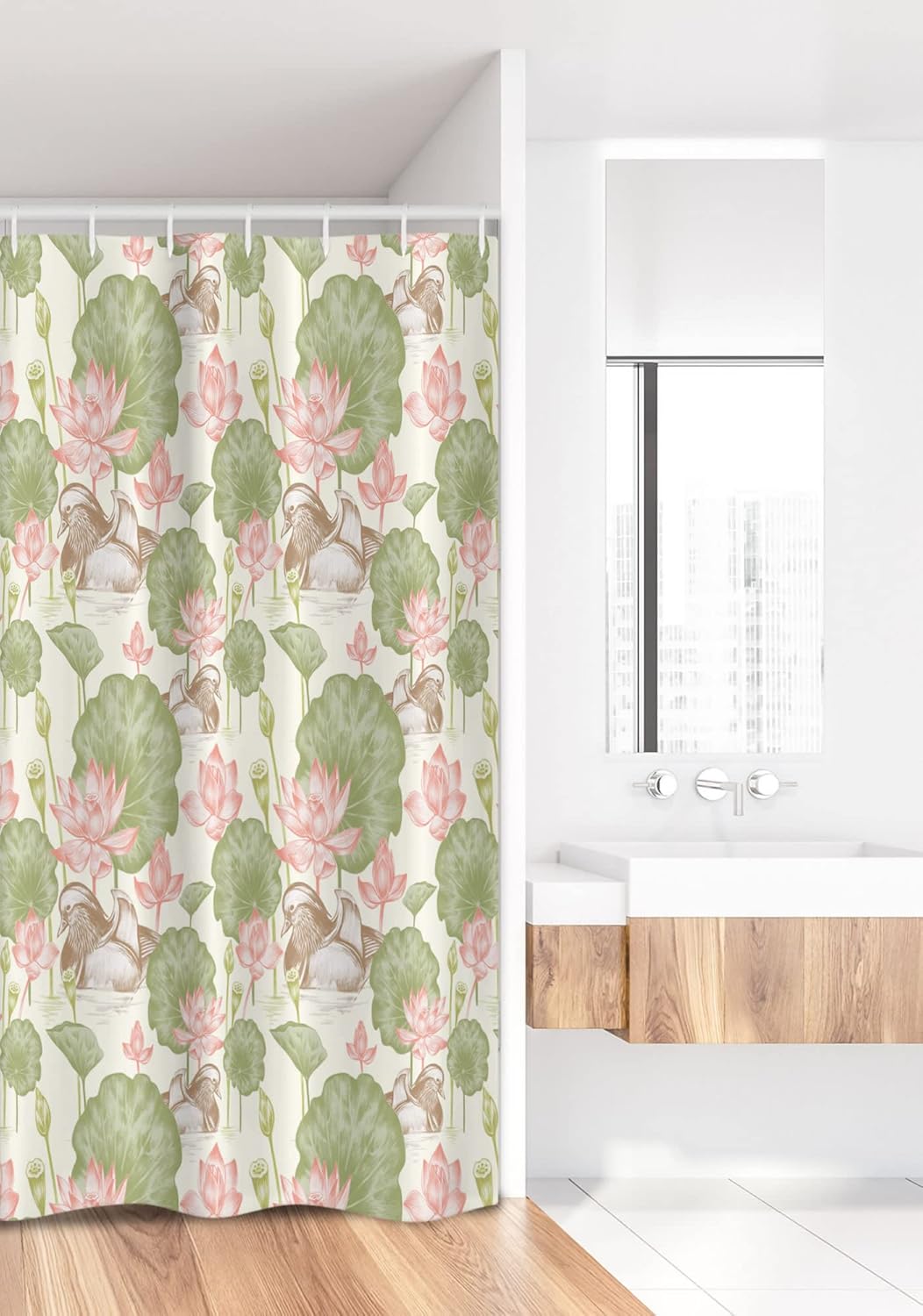 Ambesonne Rubber Duck Stall Shower Curtain, Mandarin Ducklings in Lake Flowers Lilies Vintage Print River Nature, Fabric Bathroom Decor Set with Hooks, 36" W x 72" L, Pink Green and White