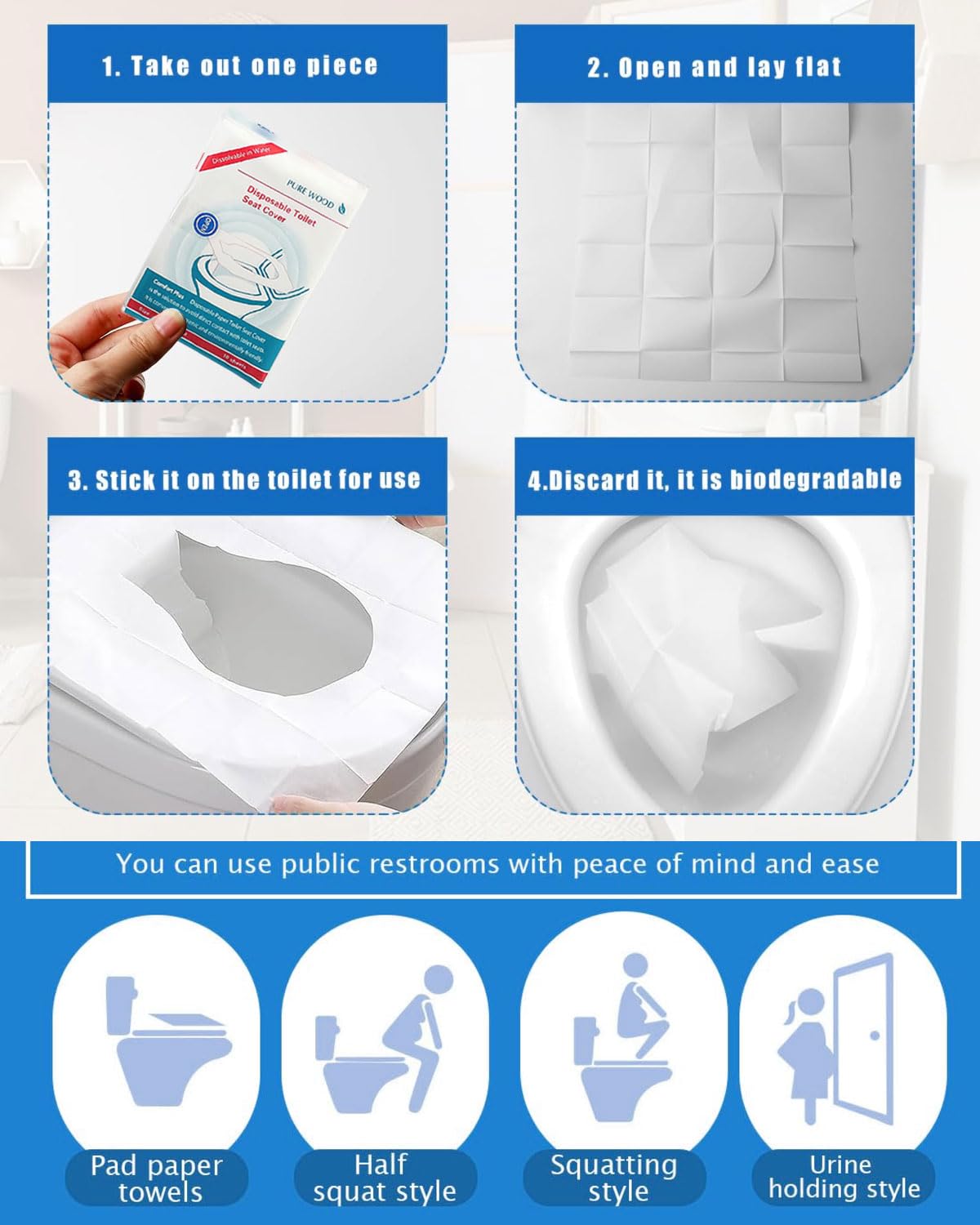 Copriwater Usa e Getta 60 PCS Coprisedile WC Monouso Igienici Biodegradabili per Viaggi Hotel