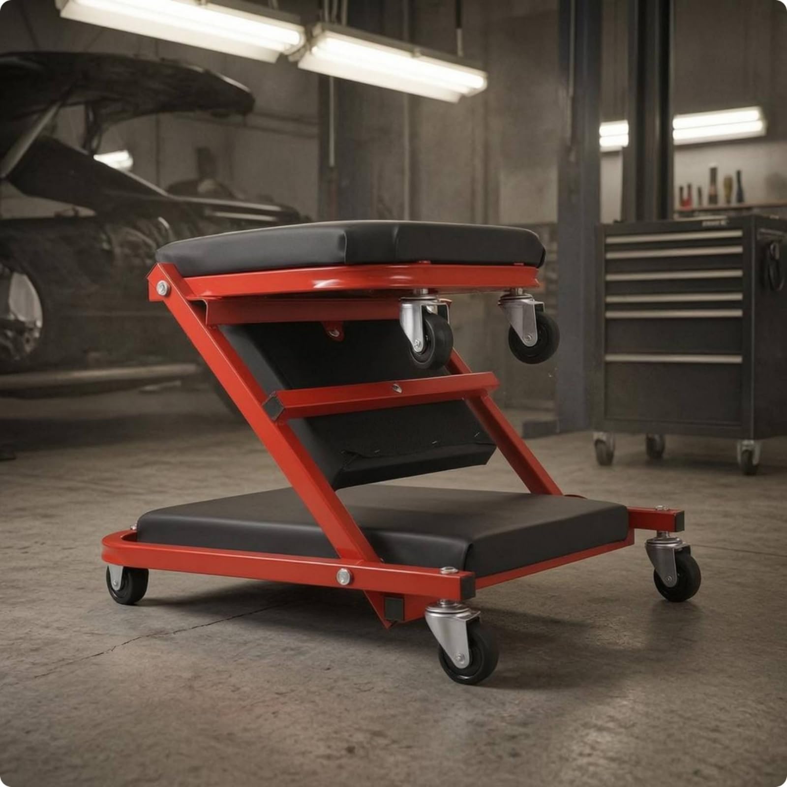 de Trabajo Plegable con Función Doble de Banco y Camilla Marco Resistente con Espuma Ruedas Direccionales y Asiento Ergonómico Adecuada para Mecánicos y Bricolaje, Negro+Rojo, 36 Pulgadas