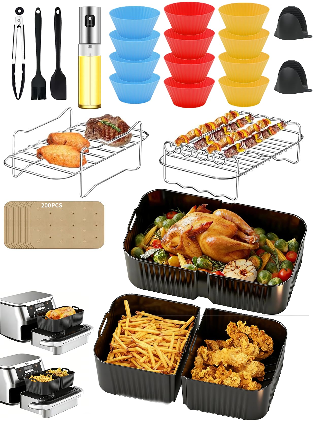 Airfryer akcesoria do Ninja Foodi Flexdrawer AF500EU 1 × 10,4 l i 2 × 5,2 l foremka silikonowa, inne akcesoria w zestawie, przysmaki do pieczenia