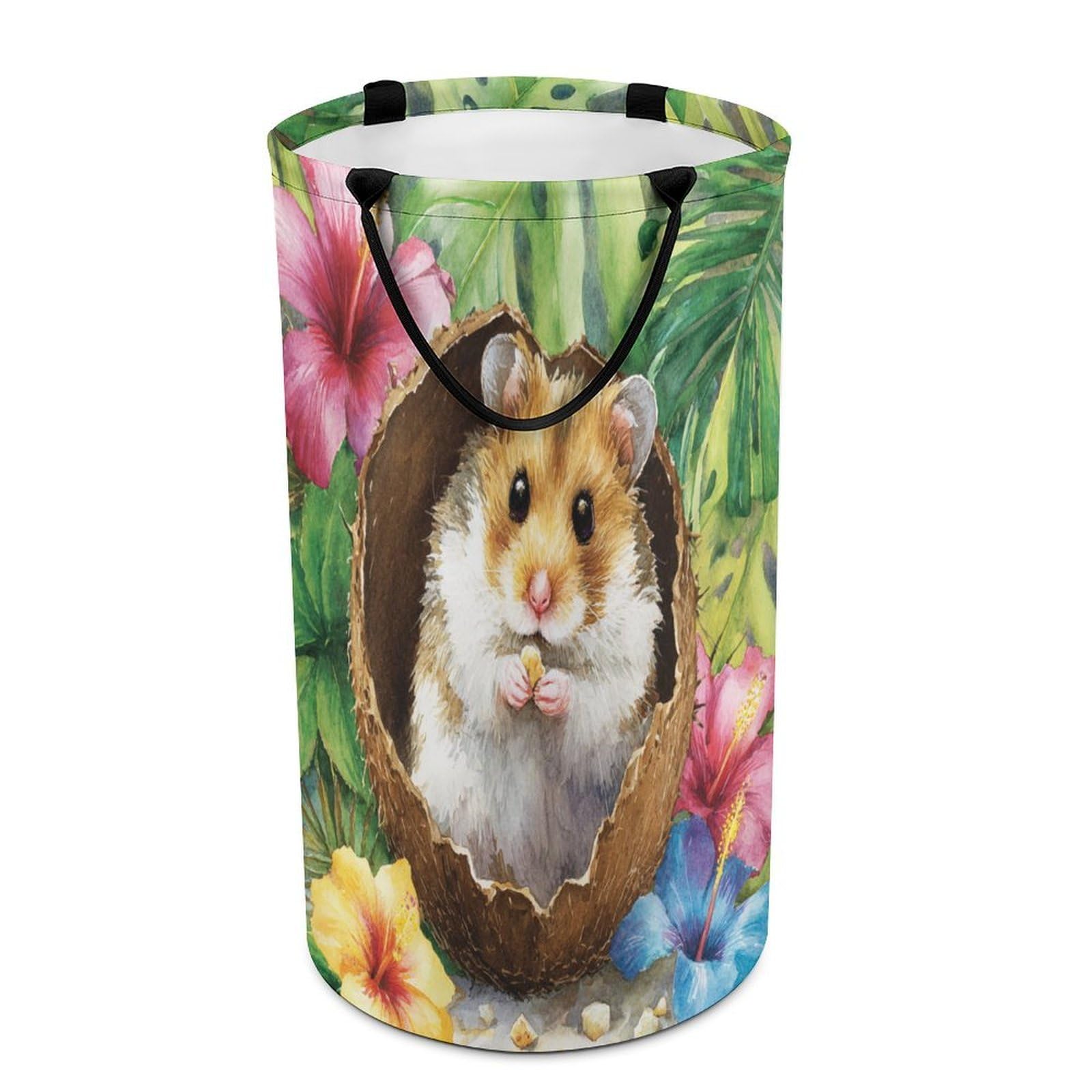 LUYYSKY Retro Watercolor Cute Hamster Versatile Storage Laundry Basket, Modern Abstract Palm Leaves Animals Hamster Floral Large Capacity Bathroom Hamper With Handle