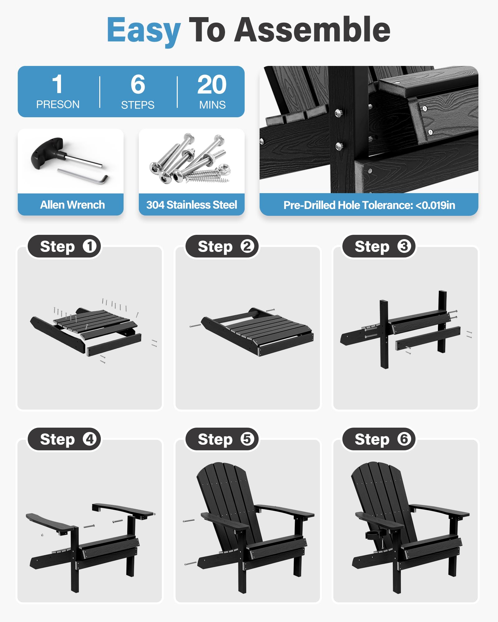 MXIMU Silla Adirondack para jardín al aire libre: respaldo ergonómico cómodo, sillas duraderas con portavasos, sillas Adirondack para todo tipo de clima para patio, hoguera, camping, piscina, banco