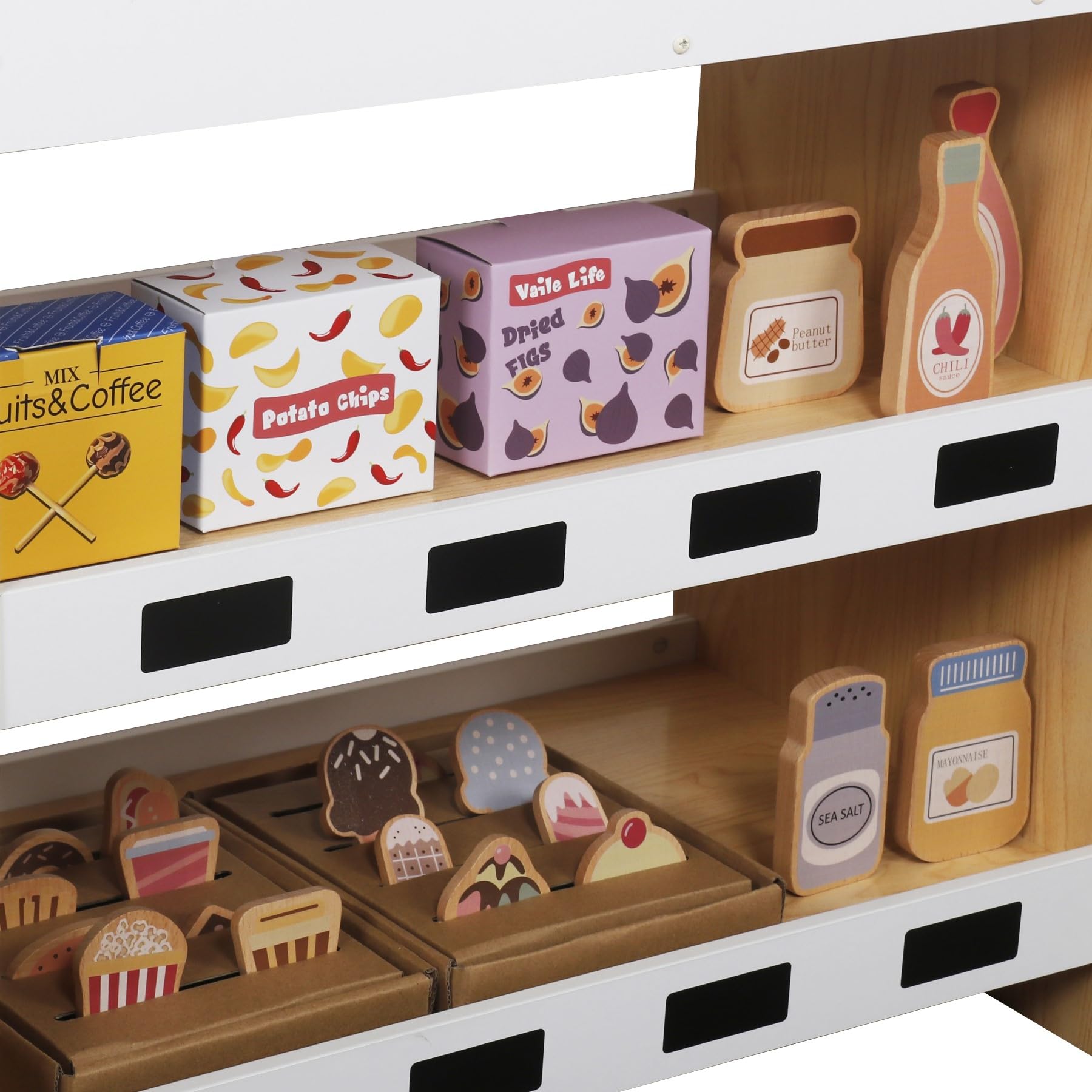 Holz Kaufladen Kinder Supermarkt Weiß – Spielküche Einkaufsladen mit Registrierkasse, Lebensmittel, Obst, Gemüse, Süßigkeiten, Fast Food, Spielgeld & Zubehör, Rollenspiel ab 3 Jahren