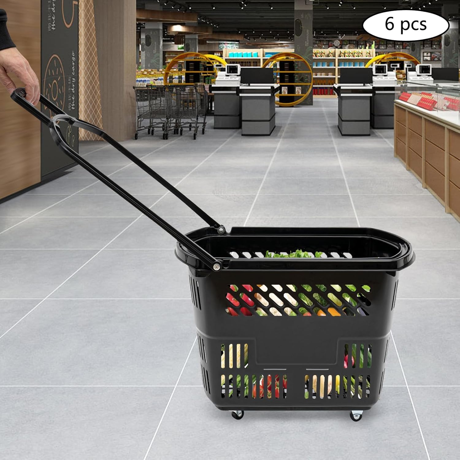 Paquete De 6 Cestas De La Compra Portátiles con Ruedas, Apilables, De 34 litros (9 Galones) para Supermercados, Tiendas Minoristas Y Mercados De Agricultores, Capacidad De 50 Kg (110 Libras