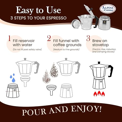 Miniatura 6 de Alpine Cuisine Cafetera de café expreso de 9.7 onzas, 6 tazas de café expreso para cafetera clásica italiana y cubana, olla moka de aluminio, hace
