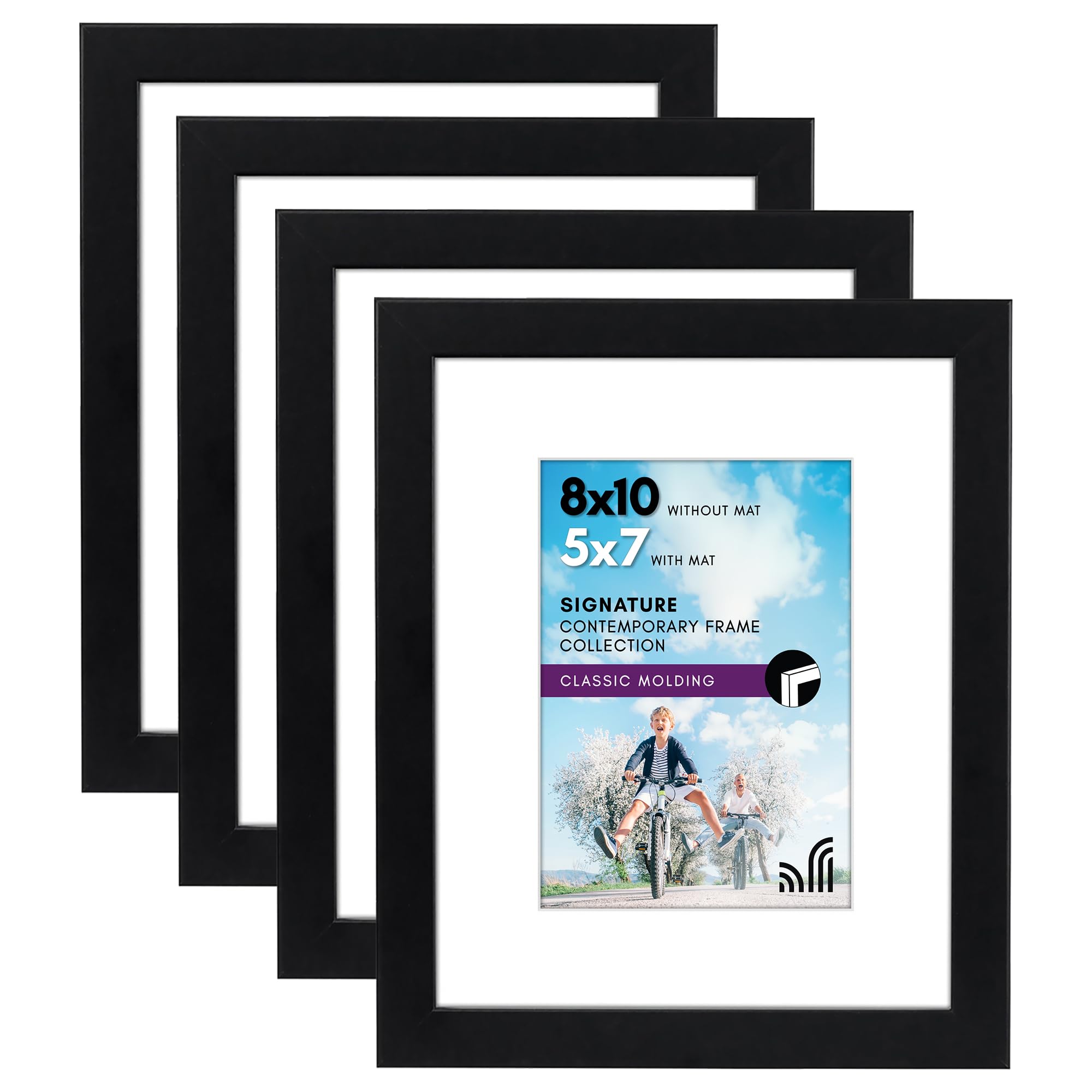 Americanflat 10x8 Photo Frames with Shatter Resistant Glass - Set of 4 - Use as 7x5 Photo Frames with Mount or 8x10 Photo Frame without Mount - Black Picture Frames for Wall and Tabletop Display