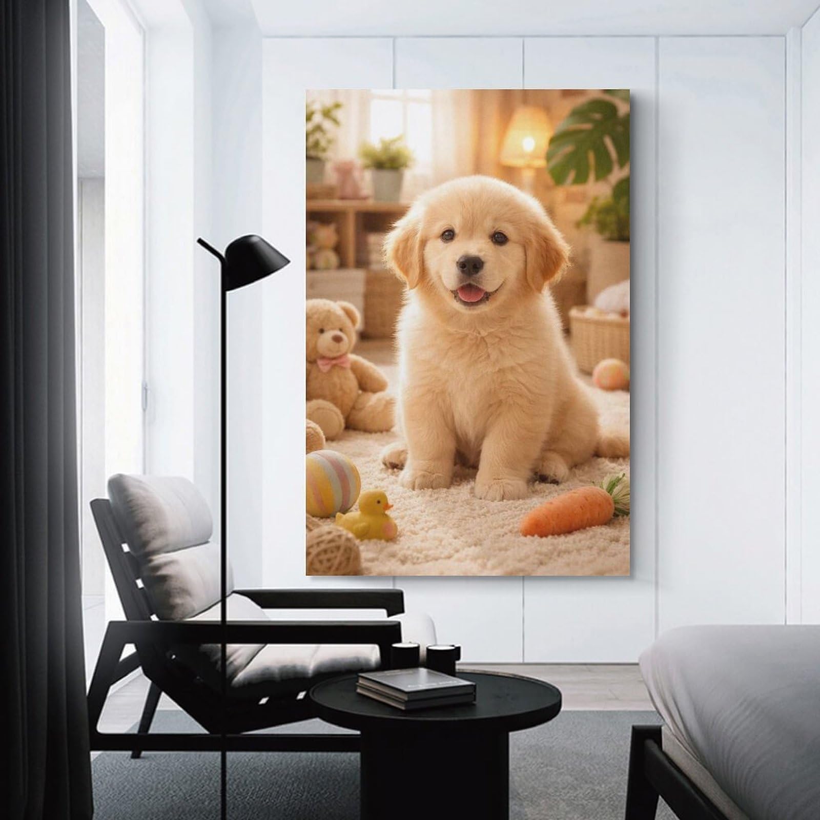 Junmoney Home Decor Wall Art Golden Retriever Puppy with Toys, 24x36inch(60x90cm), for Flats, Guest Rooms Or Compact Rooms, Wall Decor with Flexible Room Appeal