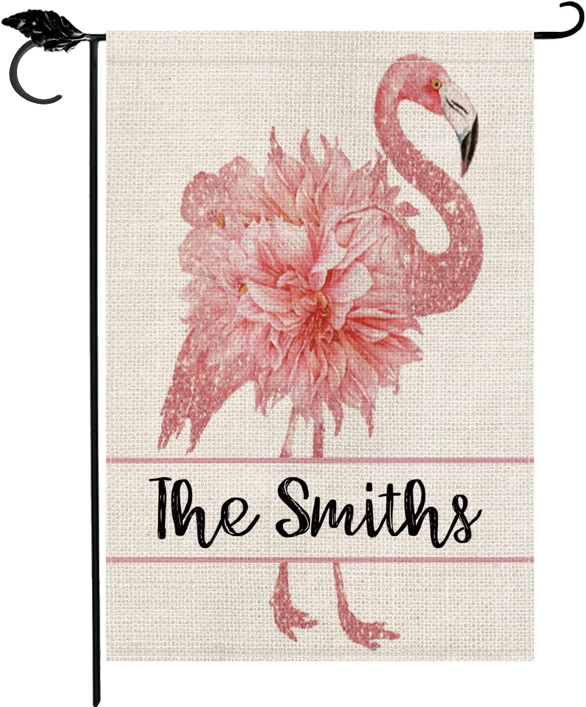 Smile Personalized Summer Spring House Flag, Flamingo Customized Family Name Pink Hawaii, Double Sided 28 x 40 Inch Rustic Farmhouse Burlap Yard Outdoor Decoration