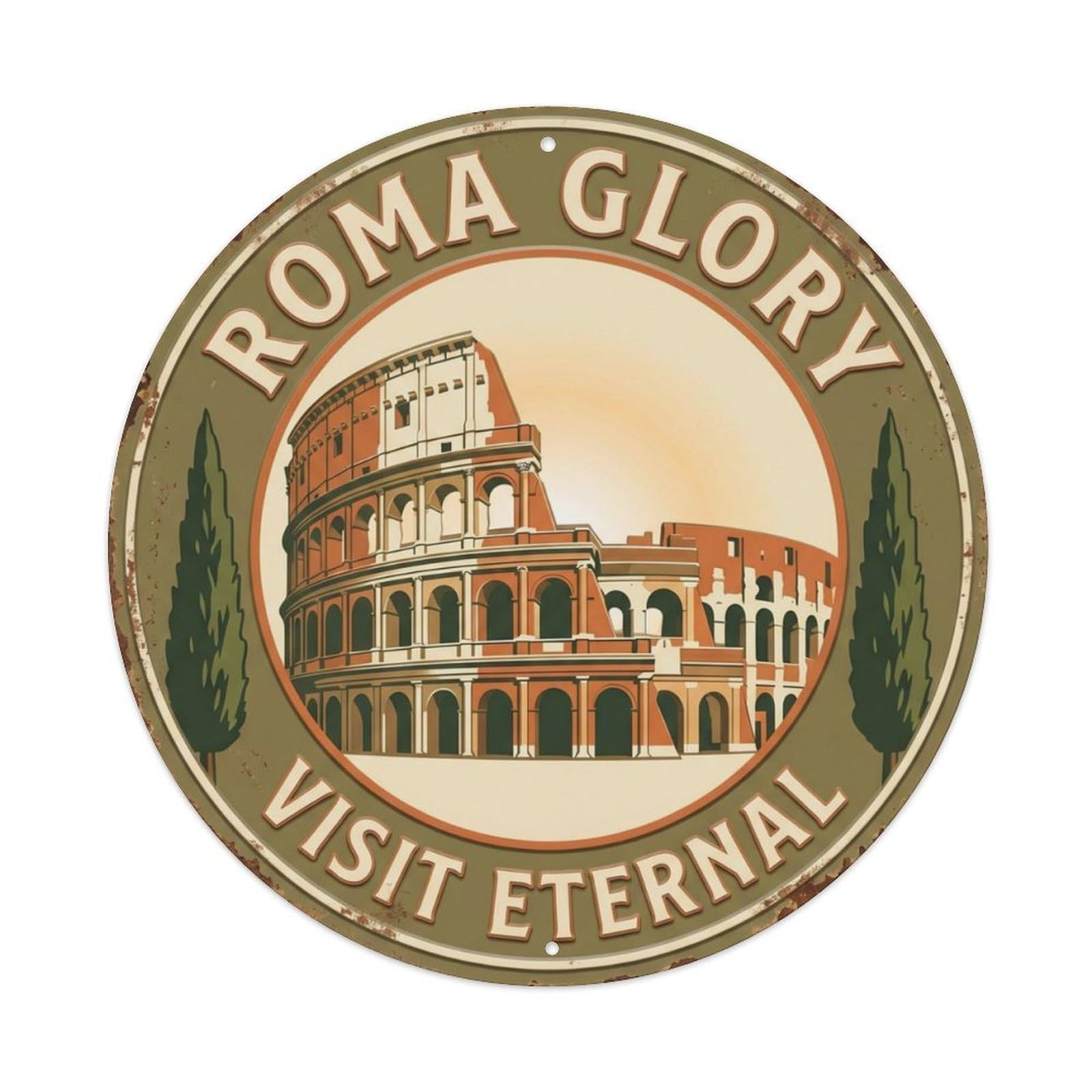 Colosseum Glory Visit Rome Landmark Metal Tin Sign Plaque Wall Decor for Cafe, Club Bar, Office, Home Garden Round Metal Poster 8x8Inch