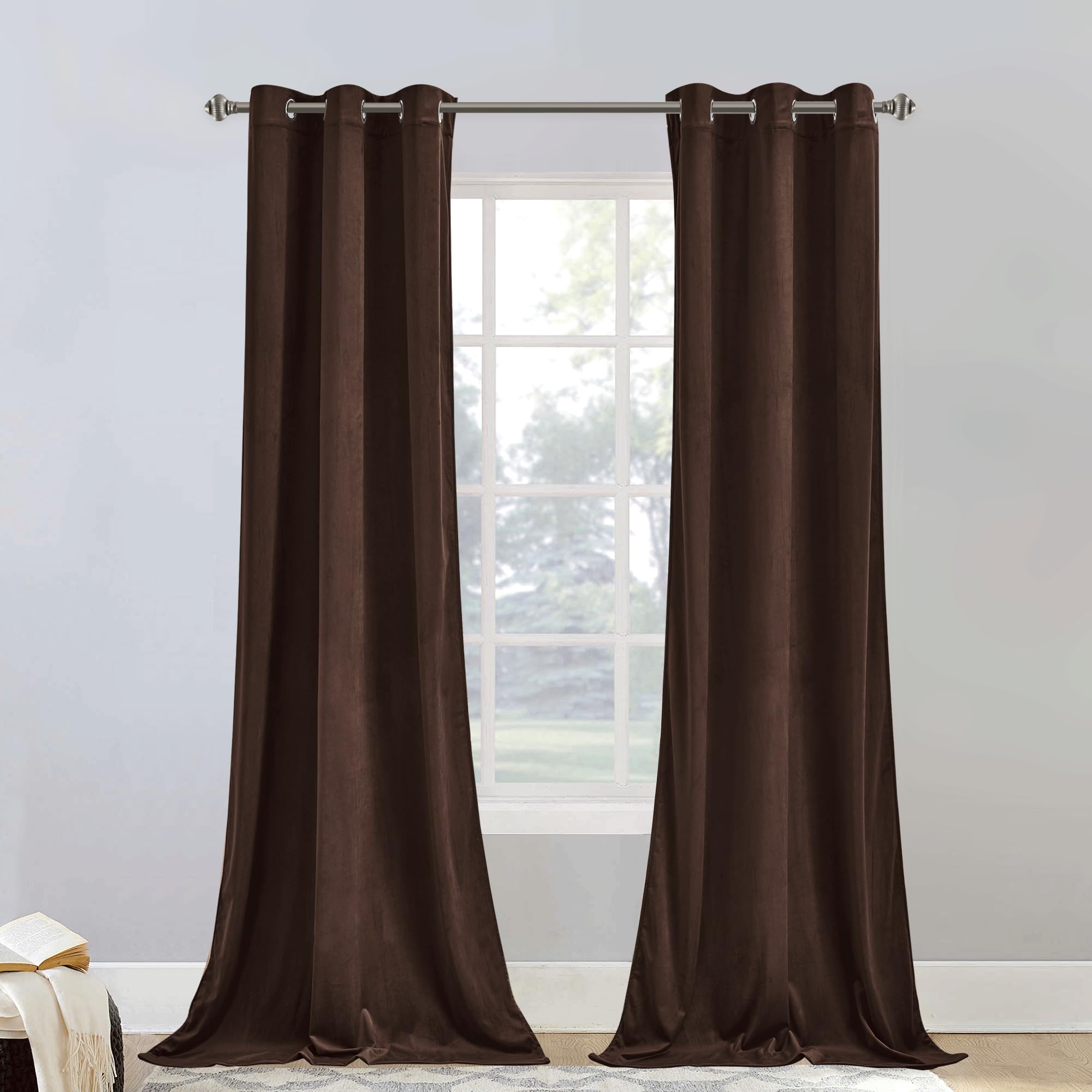 StangH 2 Panels Brown Velvet Curtains Solid Living Room Drapes Heat & Cold Blocking 96 inches Long, Soft Heavy Farmhouse Decor Blackout Curtains