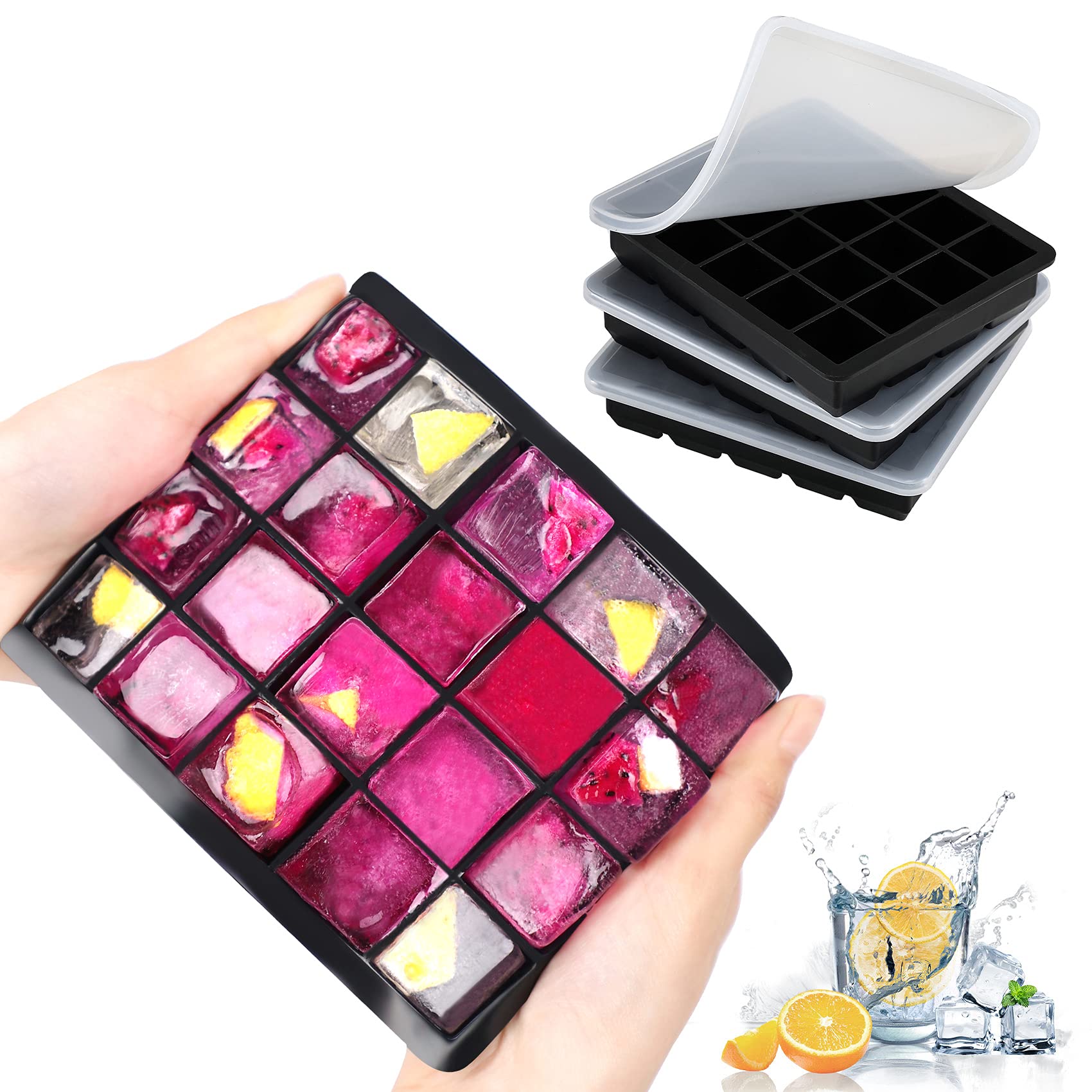 Lessmo Black 3-Pack Ice Cube Trays, Ice Cubes Molds Silicone 20 Cavities With Spill-Resistant Removable Lid, Ideal For Whiskey, Cocktails And Wine, Stackable And Bpa Free