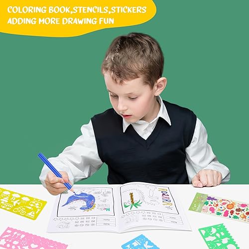 Miniatura 4 de homicozy Suministros de arte para niños de 4 a 12 años, juegos de dibujo de dinosaurios, kits de colorear con caballete triple de doble cara,