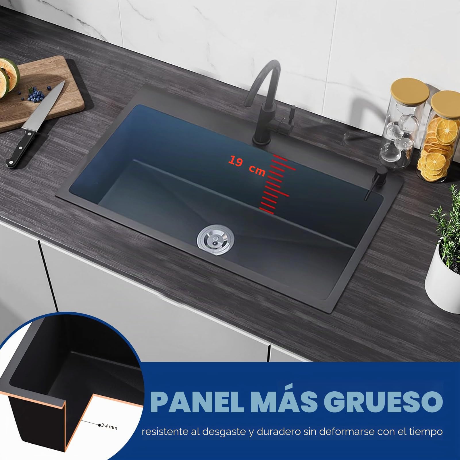 80x45cm Fregadero De Cocina 1 Seno De Acero Inoxidable con Dispensador De JabóN, Grifo y Juego De DesagüE, Fregadero Bajo Encimera O Sobre Encimera con Escurreplatos, Negro