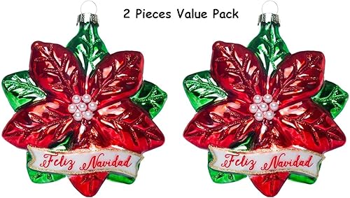 Miniatura 2 de 2 adornos de flor de pascua de vidrio soplado para decoraciones de árbol de Navidad, adornos de Navidad de flor de pascua de cristal con palabras