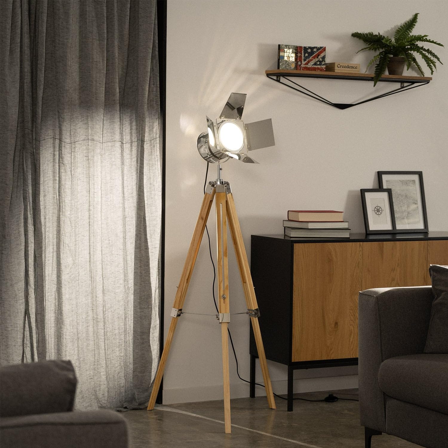 LEDKIA Lámpara de Pie Madera y Metal Bioskop Plateado | Decoración para Salón y Dormitorio | Base de Madera | Pantalla de Metal | Soporte 40W E27 | Protección IP20