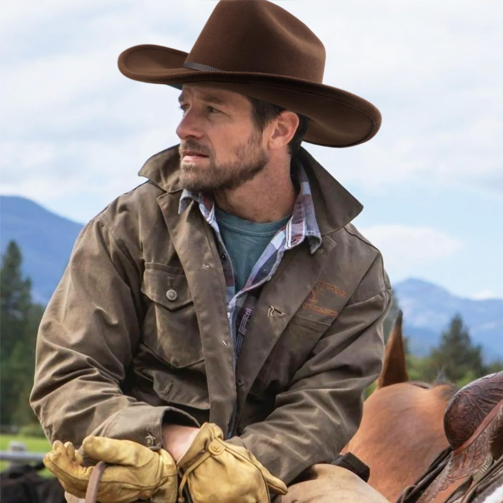 DRESHOW Kapelusz Kowbojski dla Kobiet Kapelusze Filcowe Cattleman Western Retro Fedora Outdoorowy Kapelusz Kowbojski z Kształtowalnym Szerokim Rondem Filcem i Paskiem z Klamrą