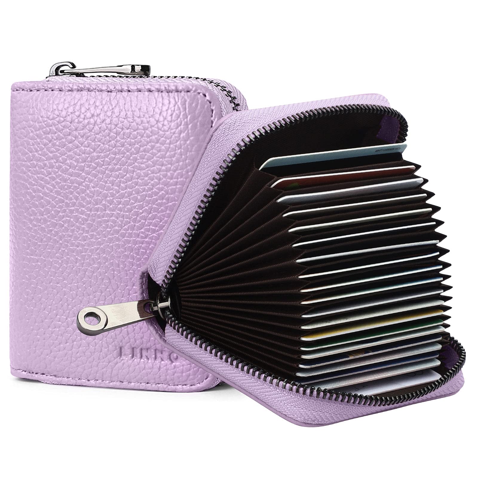 LinnoRFID 20 Slots Credit Card Holder Genuine Leather Small Wallet for Women or Men with Zipper, Lavender, Fashion Accordion Card Case
