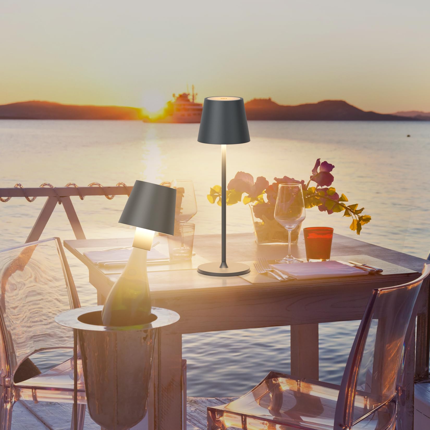 LED sans fil Lampe de table rechargeable, 3000K lampe bouteille à intensité variable, 5000mAh IP54 lampe de table réglable en hauteur pour une utilisation intérieure et extérieure, Anthracite