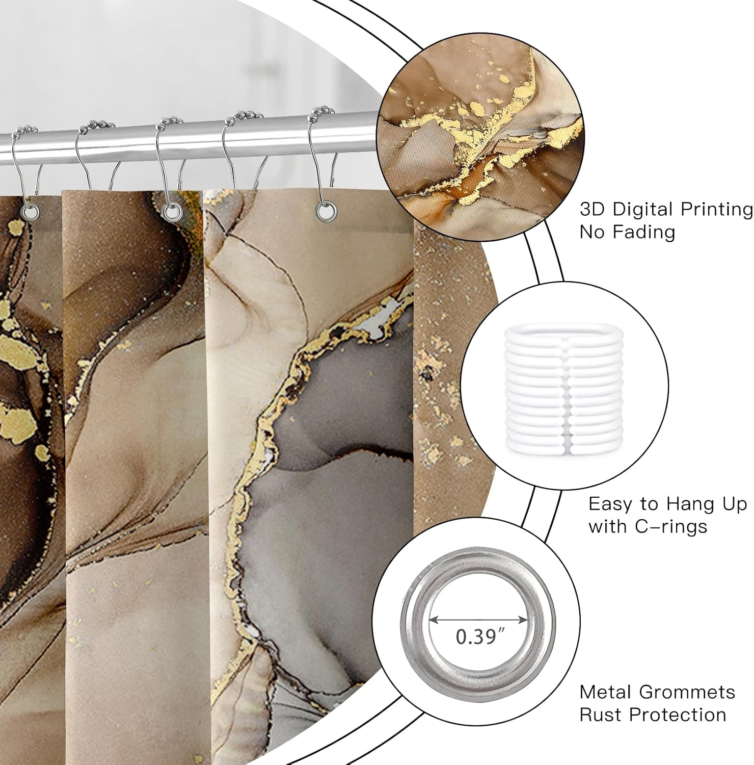 5PCS Brown Marble Bathroom Sets, 2 Shower Curtains - 60x72 & 72x72 with 3PC Rugs