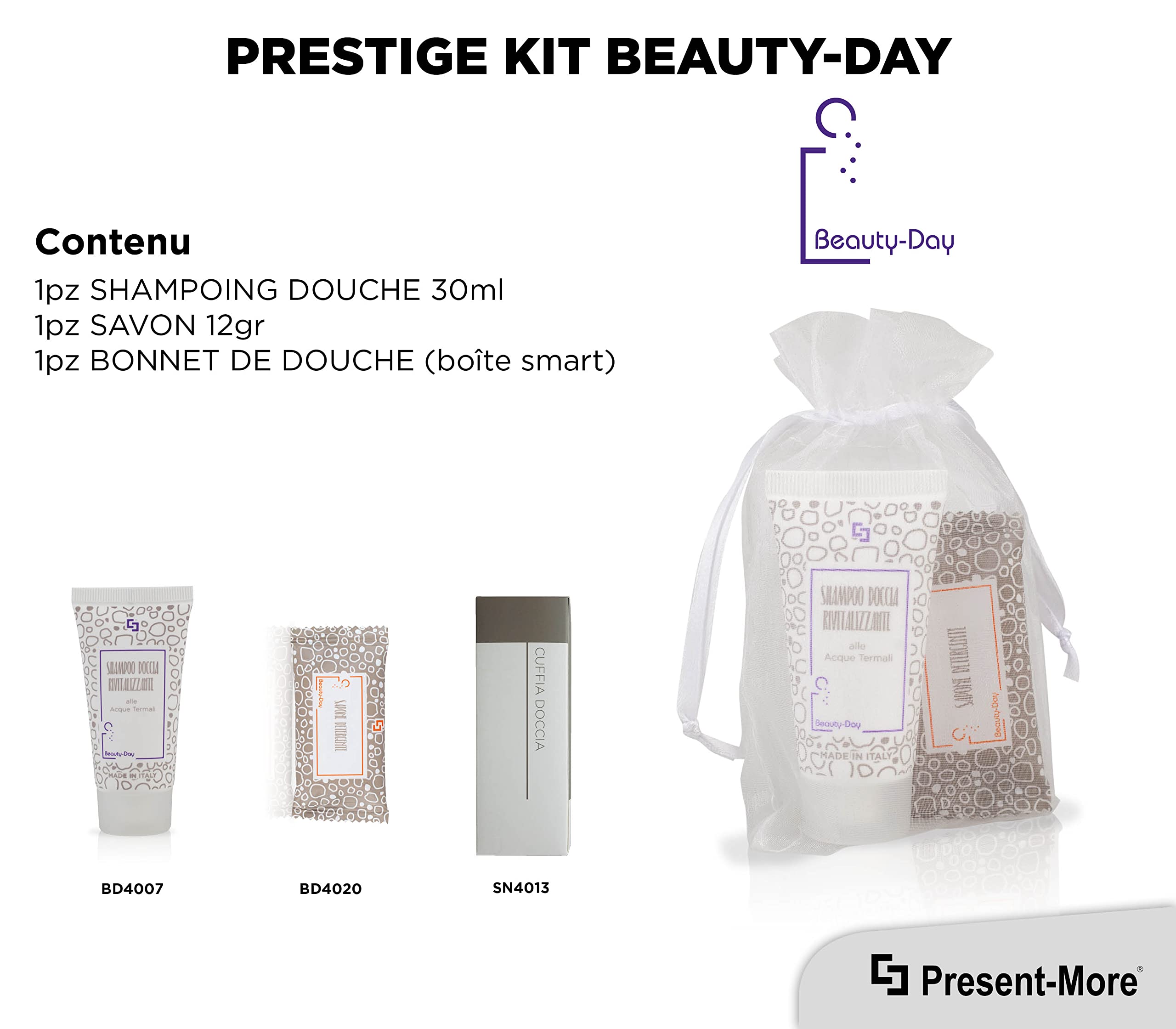 PRESENT-MORE - Kit Accueil 35 Invités Beauty-Day Italy - Parfum Ylang Ylang - Contenu: Shampooing Douche, Savon et Bonnet de Douche - Made in Italy - Pour Hôtels et B&B