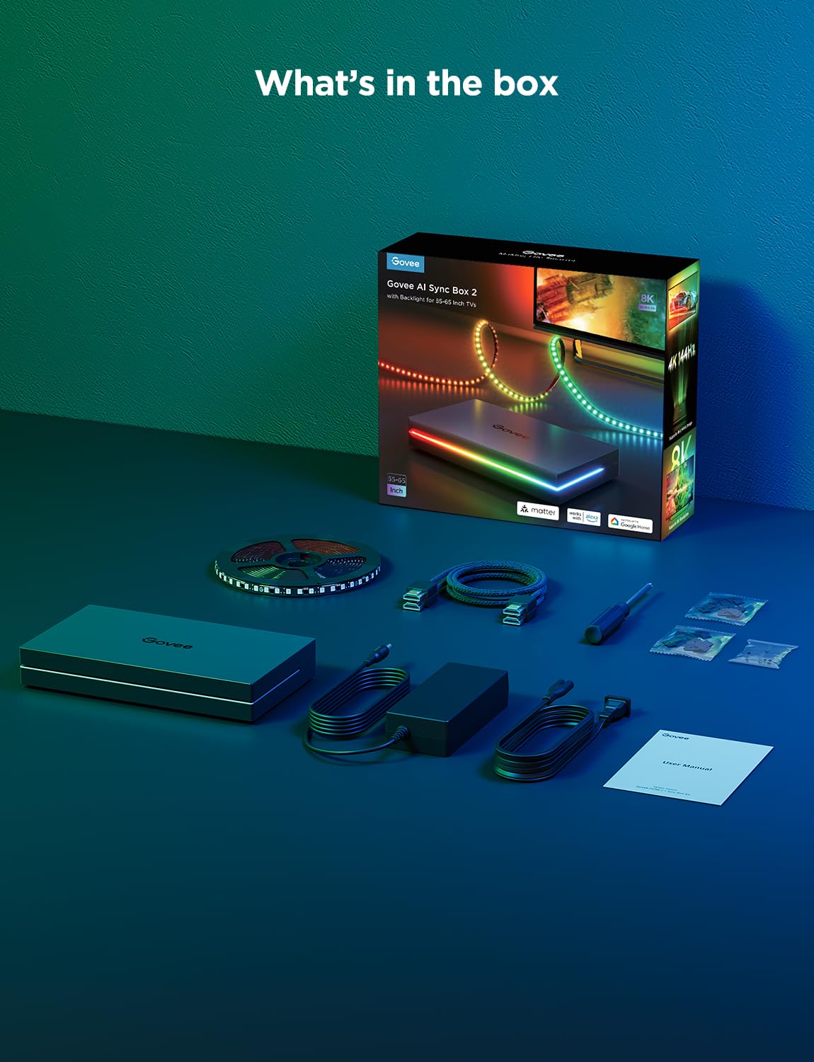 Govee HDMI 2.1 Sync Box AI Kit 2, inkl. TV Hintergrundbeleuchtung | Unterstützt 8K@60Hz, 4K@144Hz, VRR und ALLM, funktioniert mit Matter, RGBIC LED Strip für 55-65 Zoll Fernseher, 75 LEDs/m