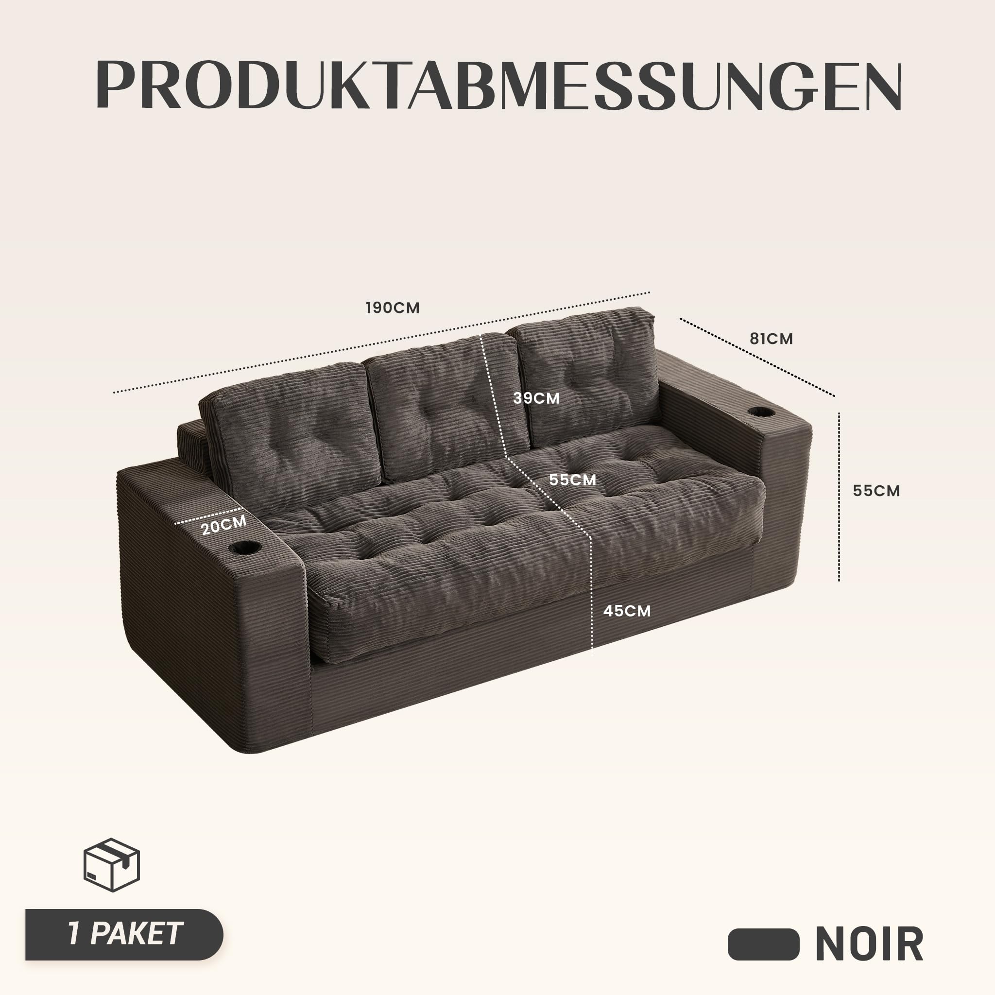 Sofá de 3 plazas de 190 cm para salón, sofá de Suelo de Pana sin Boneless con Cojines, reposabrazos y Soporte Doble para Bebidas, con Respaldo, no Requiere Montaje (Gris)