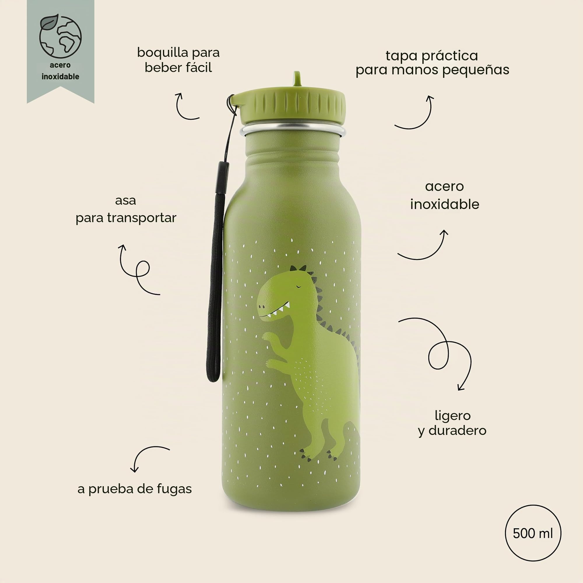 Trixie - Botella de beber para niños de acero inoxidable 500ml - Mr. Dino (Dinosaurio)