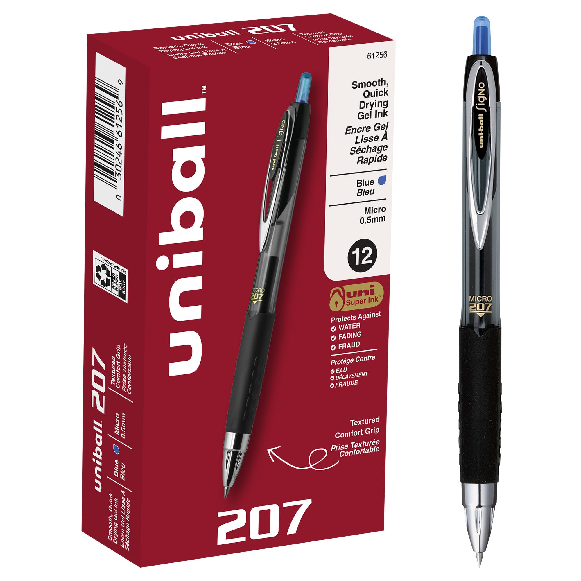 uniball 207 Retractable Gel Pens, Micro Point (0.5mm), Blue, 12 Pack
