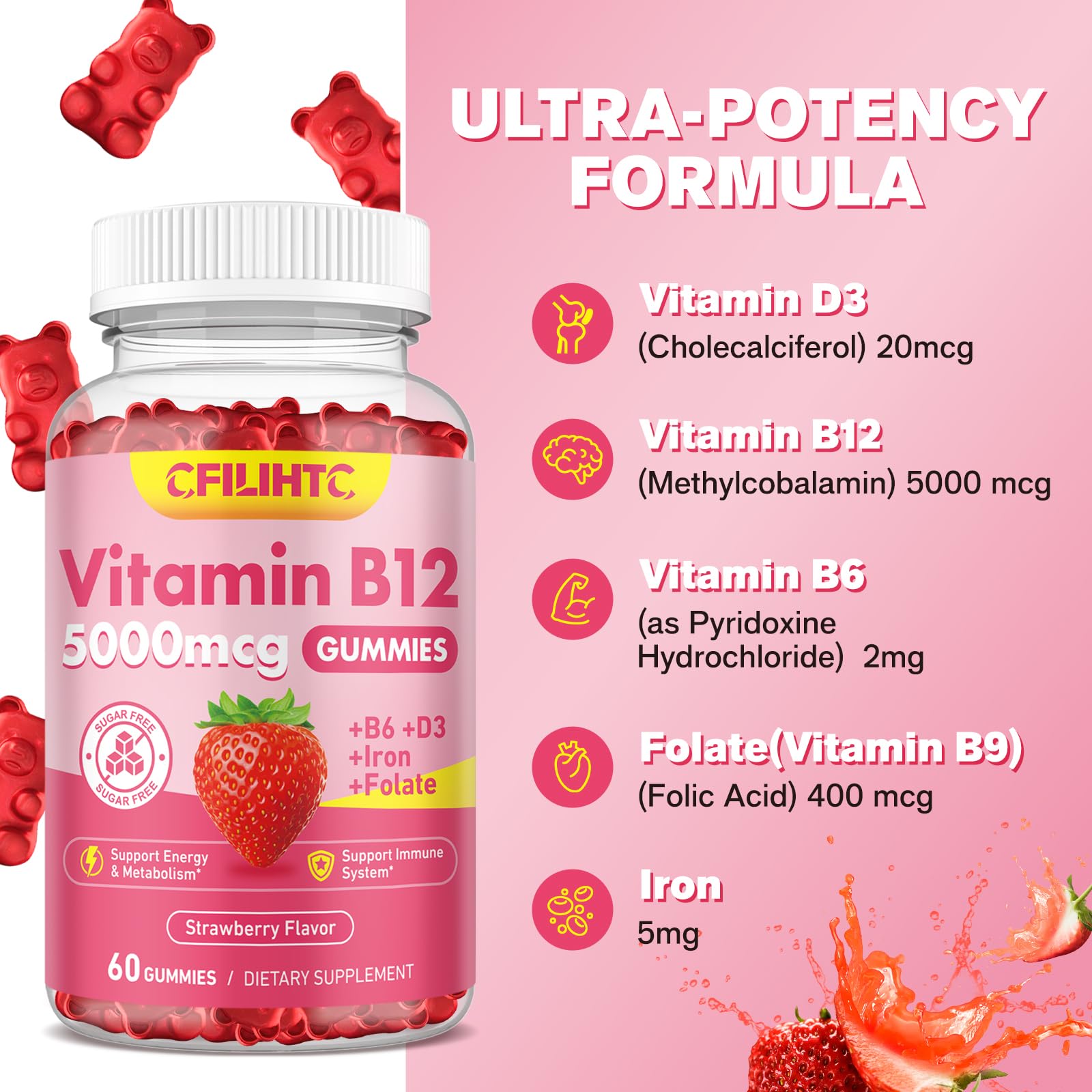 Vitamin B12 Gummies for Women & Men, 5000mcg Methyl B12 Gummies with Vitamin B6, D3, Iron, Folate for Adults, Supports Energy & Metabolism Boost, Mood, Immune & Nervous System, Sugar Free Strawberry — Amazon image 5