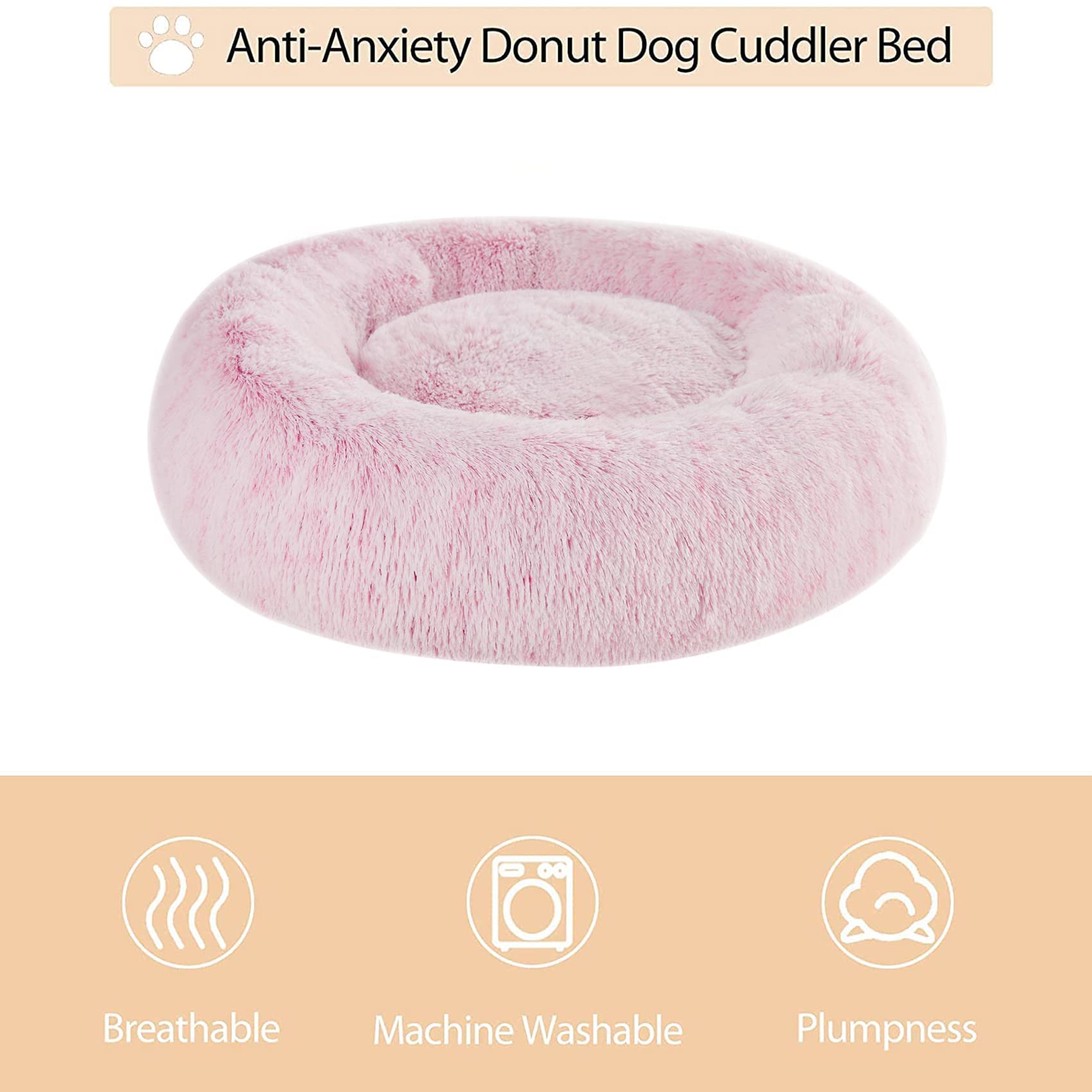 WNPETHOME Calming Dog Bed Cat Bed Donut, Faux Fur Pet Bed Self-Warming Donut Cuddler, Comfortable Round Plush Dog Beds (24 x 24 x 8 Inch, Light Pink)
