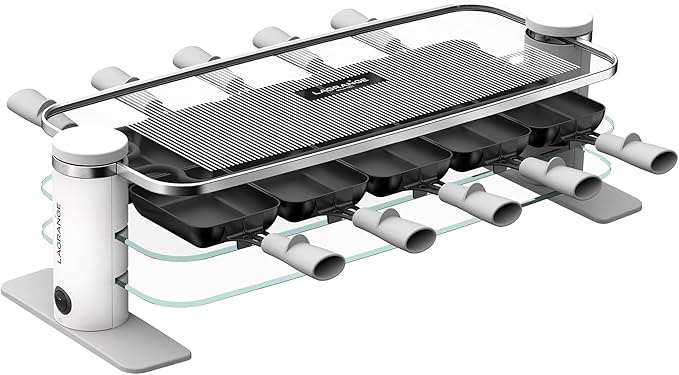 LAGRANGE Raclette-Gerät für 10 Personen, 1200 W, Glasplatten, abnehmbare obere Platte für einfache Reinigung, integrierte Pfännchenablage, schlichtes Design, Ein-/Ausschalter, 079901