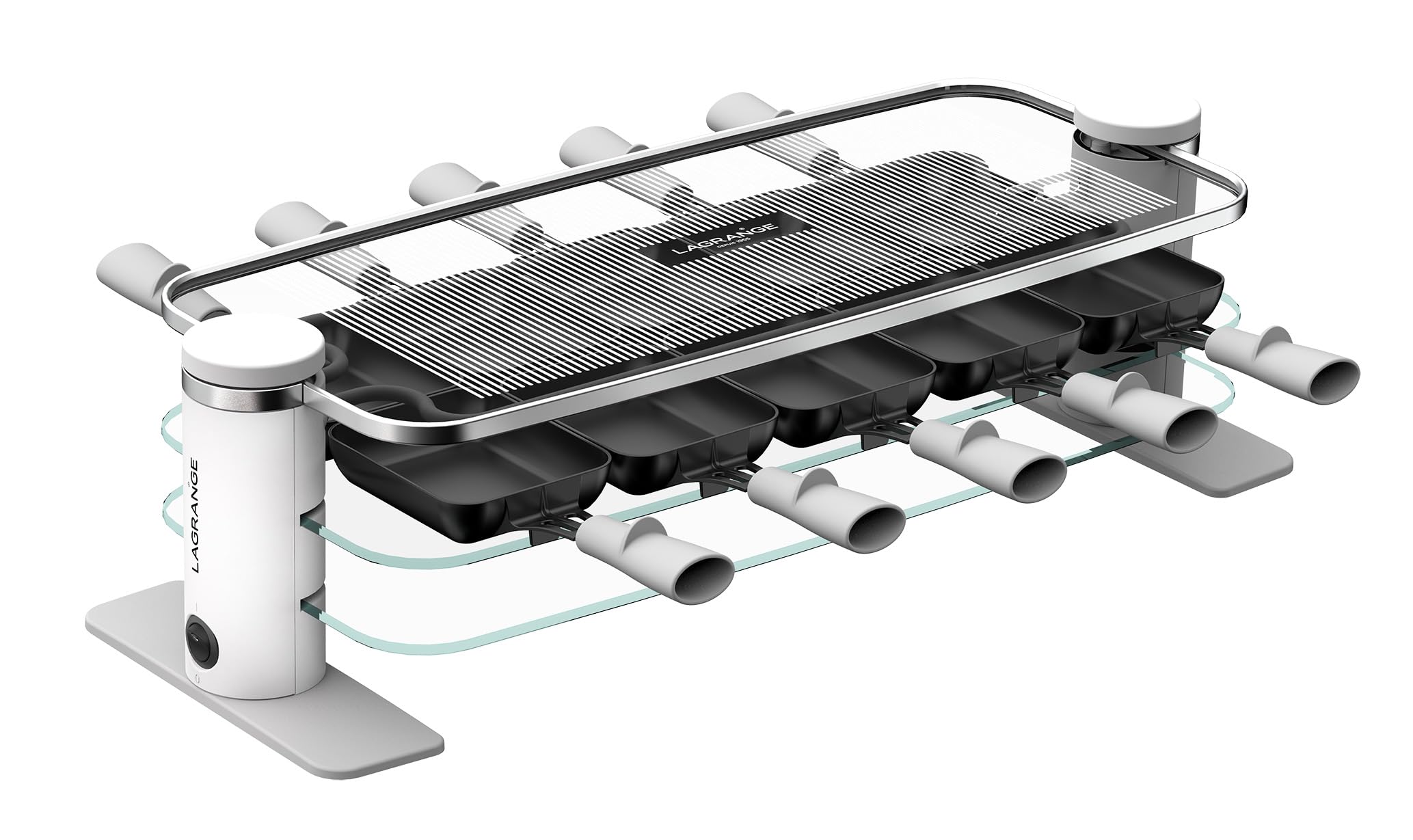 LAGRANGE Appareil à raclette 10 personnes, 1200 W, Plateaux verre, plateau supérieur démontable pour nettoyage simplifié, Repose poêlons intégré, Design épuré, Bouton marche/arrêt, 079901