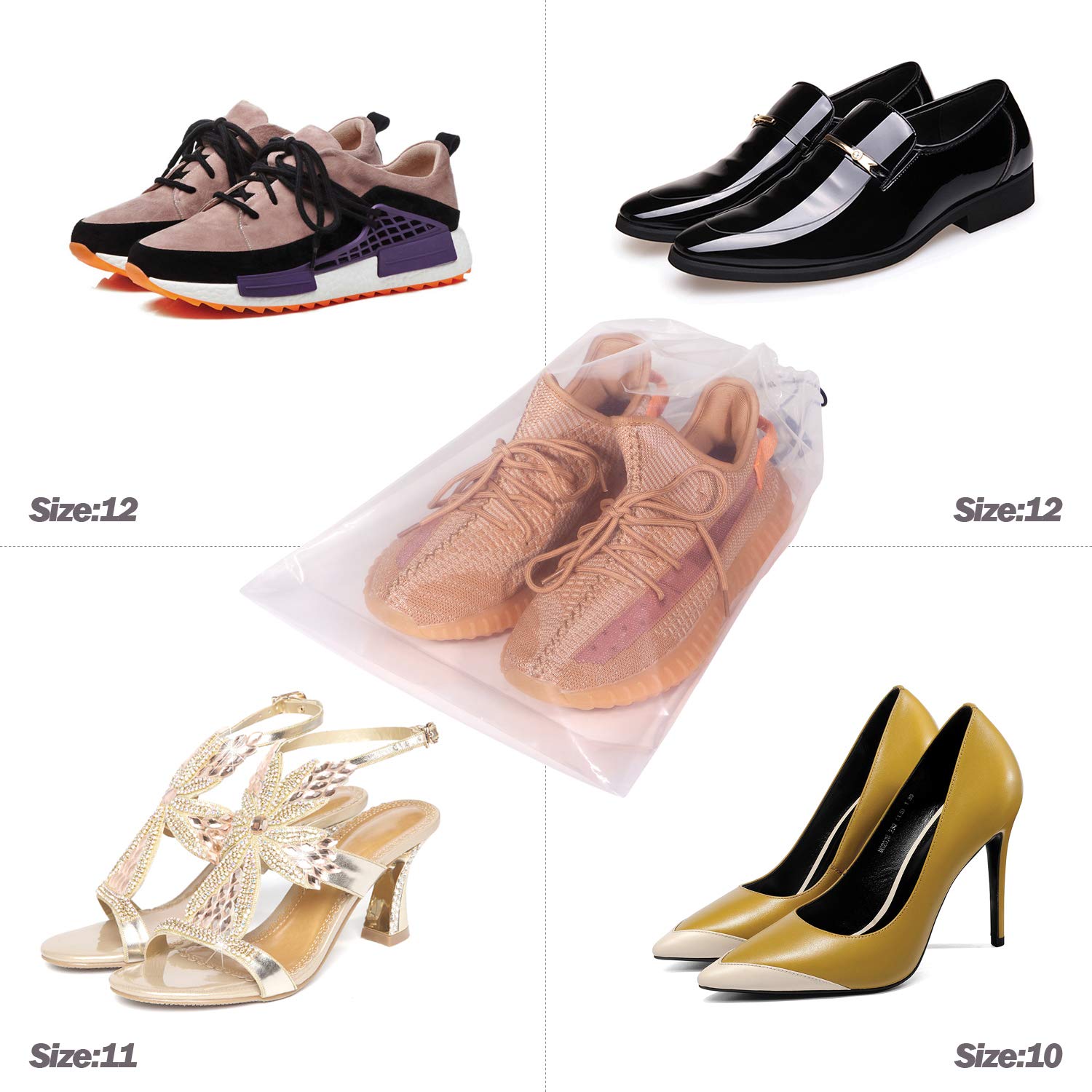 DIOMMELL Set mit 24 transparenten Schuhbeuteln für Reisen, große transparente Schuhaufbewahrung, Organizer, Beutel mit Seil für Damen und Herren