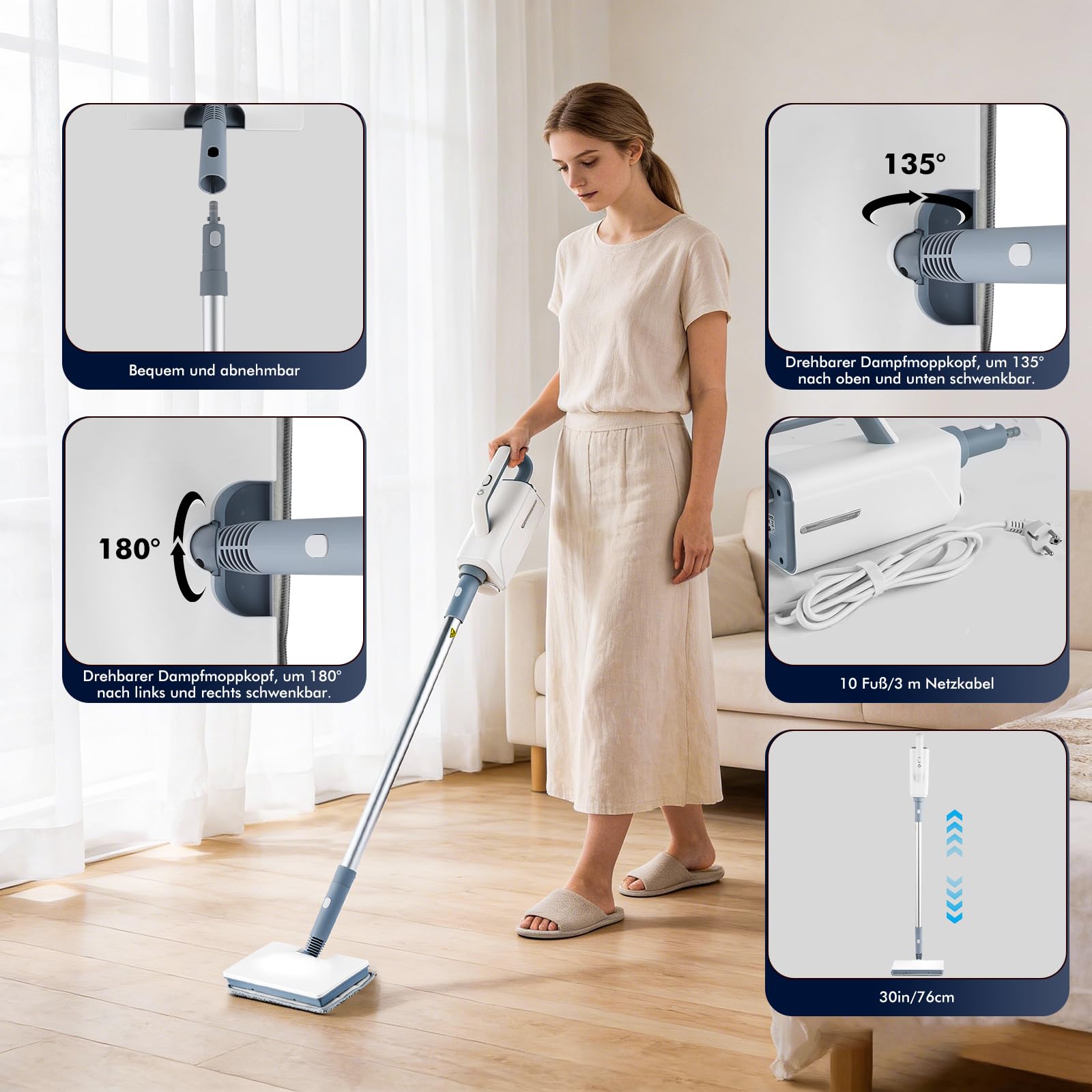 Mop parowy 10 w 1, 1500 W, ze zdejmowanym urządzeniem ręcznym, zbiornik na wodę 350 ml, czas nagrzewania 10 sekund, do parkietu, płytek, fug, kuchni i łazienki