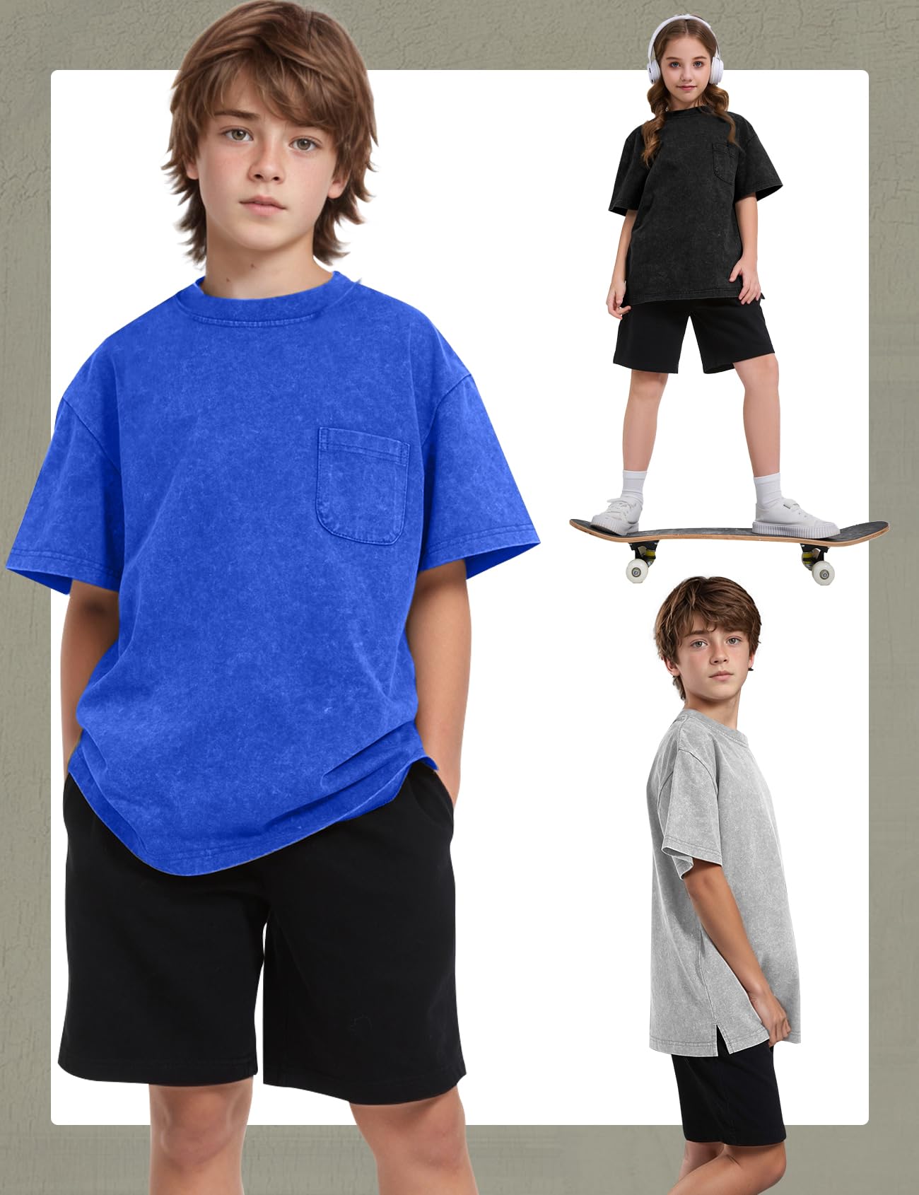 COZYPOIN Paquete de 3 camisetas unisex para niños y niñas, de manga corta, cuello redondo, lavadas al ácido, camisetas de verano de 5 a 14 años