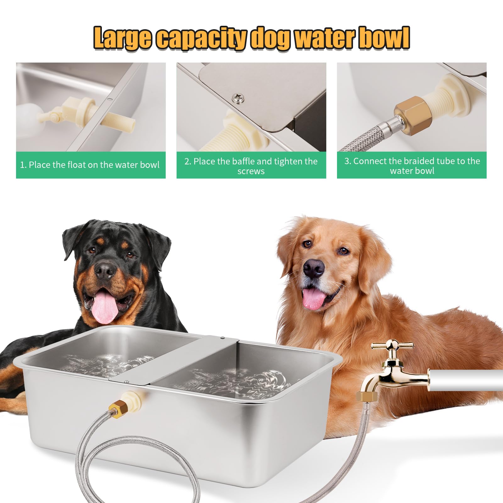 Dispensador automático de cuencos de agua para perros de raza grande, cuenco de agua de acero inoxidable para perros, bebedero para mascotas, bebedero para perros grandes, gatos, pollo, ganado (19.3 x