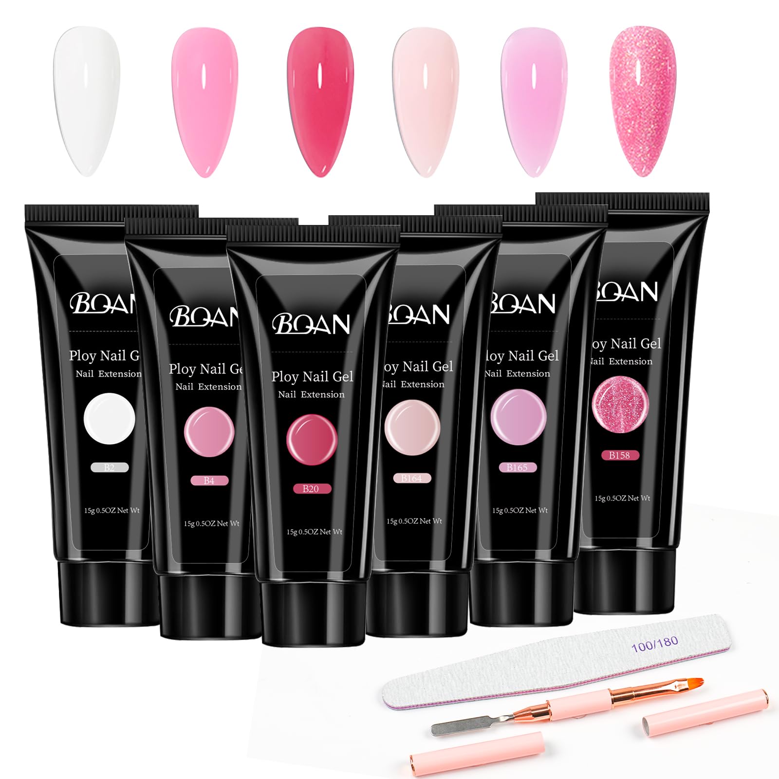 BQAN Poly Nail Gel Set 6 Colors, Builder Nail Gel Long-Lasting Nail Extension Gel Nude Pink White Color for Nail Tech