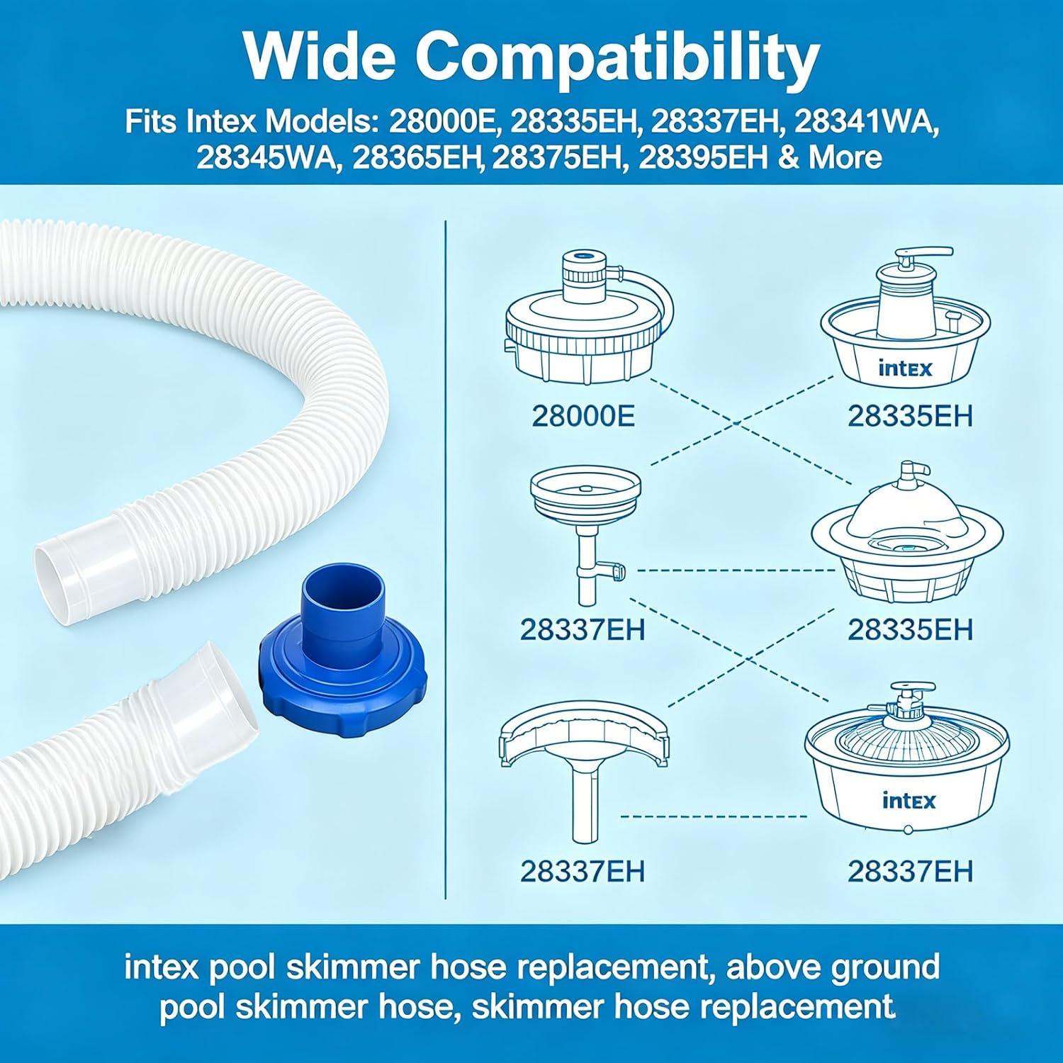 Intex Pool Skimmer Hose Replacement – 1.5” x 40” Flexible Above Ground Pool Skimmer Hose with Adapter for I-ntex 25016, 11238 and Most Above Ground Pool Skimmers – Durable PVC Pool Hose