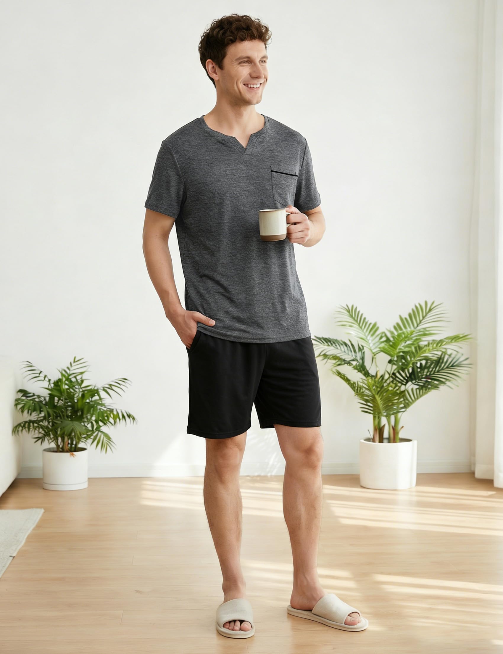 Pijama Hombre Verano Corto 2 Piezas Conjunto de Dormir Hombre con Camiseta de Manga Corta y Short Pijama Ligero y Cómodo Ropa de Casa