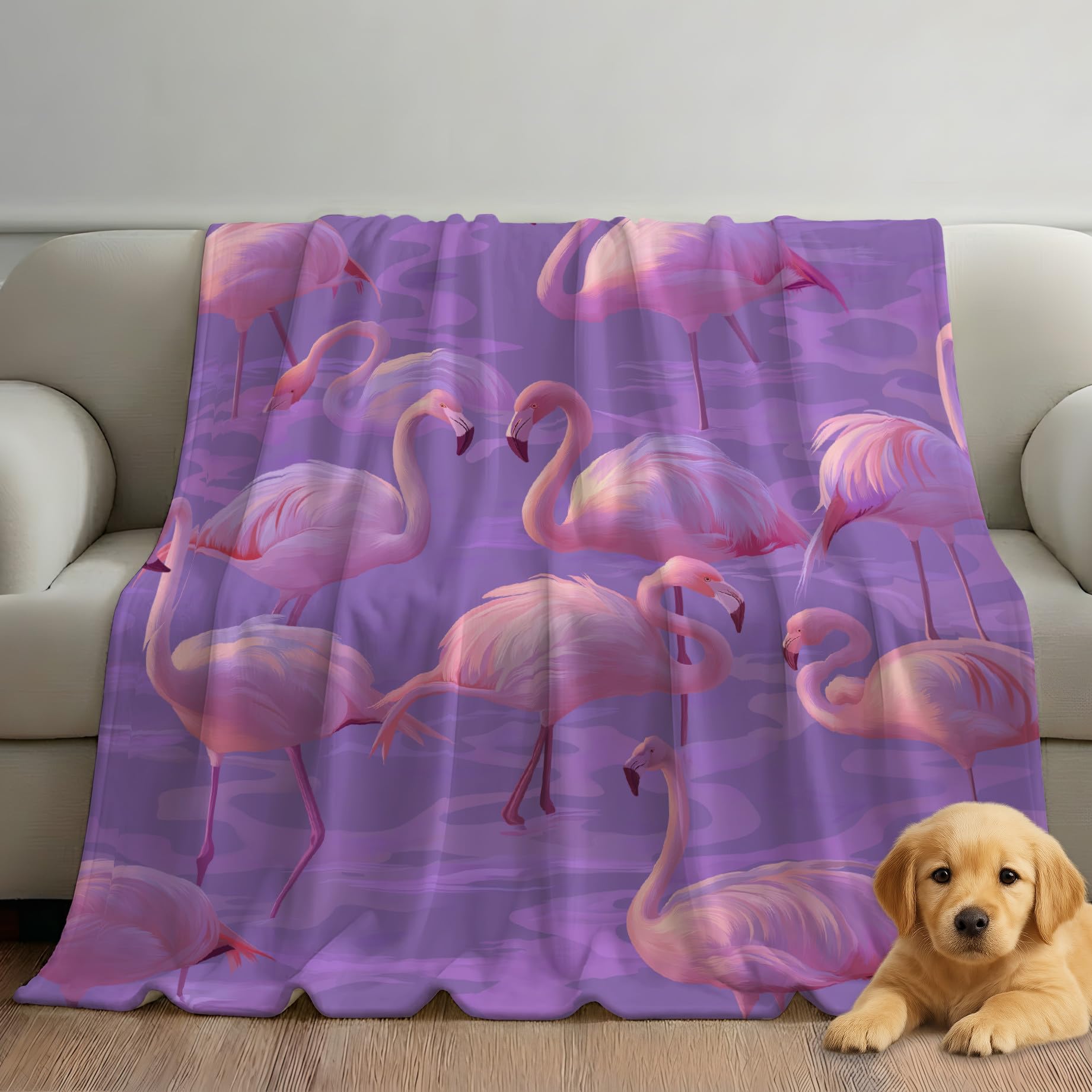 Różowy miękki koc, bardzo miękki w 100% z mikrofibry, ptak flanelowy koc polarowy, 150 x 200 cm, łatwy w pielęgnacji i trwały, różowy flamingi Fantasy Plaid na sofę
