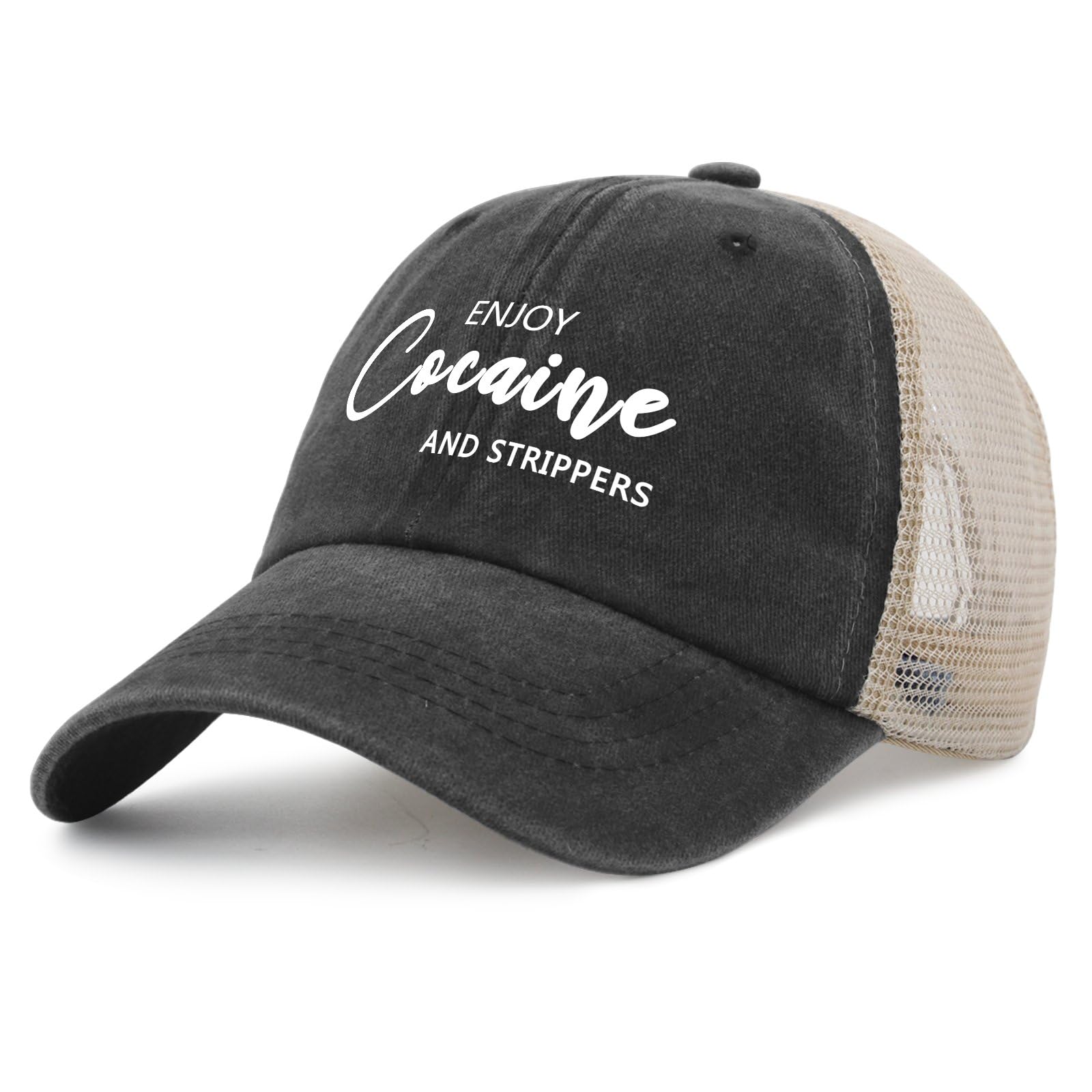 RIVEMUG Enjoy Cocaine And Strippers Premium Trucker Hat High Crown Flat Bill Adjustable Cap - Funny Dare Gag Gift Joke Black At Men's Clothing Store
