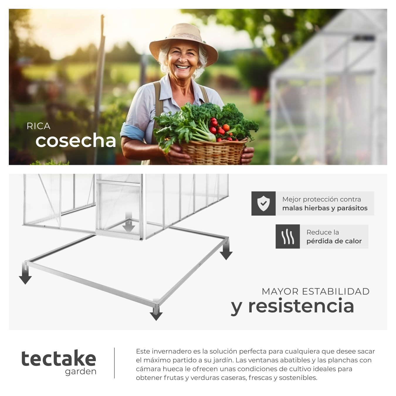 tectake Invernadero de Jardín de Aluminio y Policarbonato, Caseta Jardín Exterior 375x185x195, Vivero Huerto Casero 6,93m³, Invernadero Terraza para Cultivo de Plantas, con Base