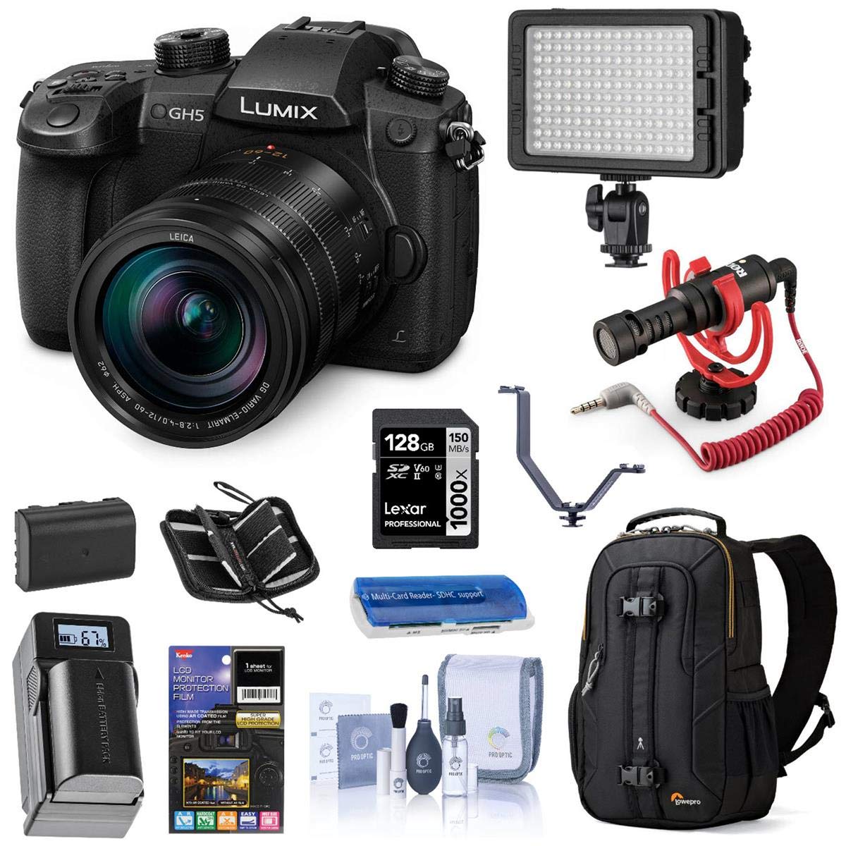 Panasonic LUMIX GH5 4K Mirrorless Digital Camera with Leica 12-60mm Lens, (DC-GH5LK), Bundle with LED Light, RODE VideoMicro Mic, Backpack, Battery, Charger, 128GB SD Card + Accessories
