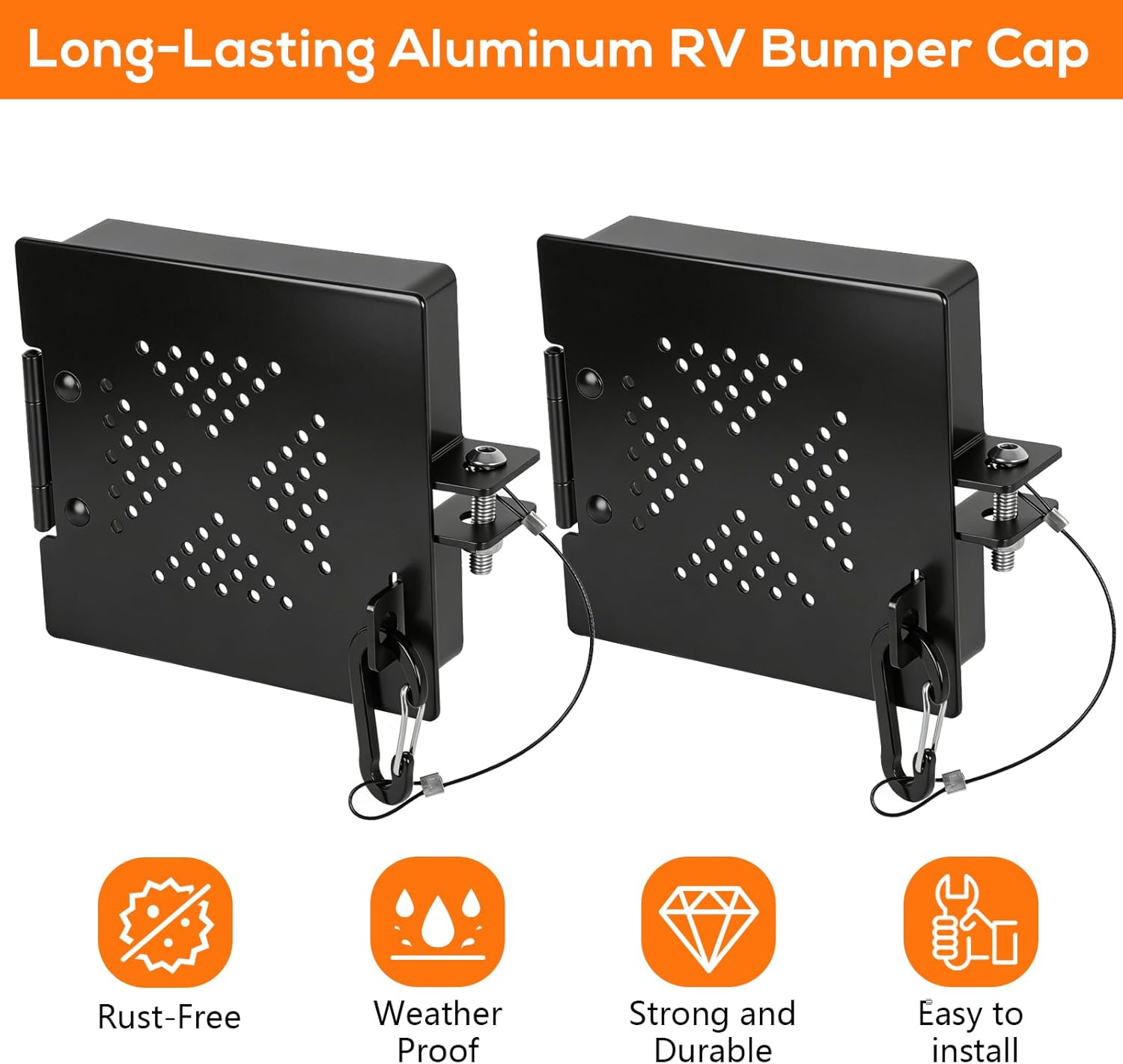 Aluminum RV Bumper End Cap, Square Bumper Caps for RV, Fits Standard RV 4inch Square Bumpers, Secure Sewer Hose Storage, Black-2pack